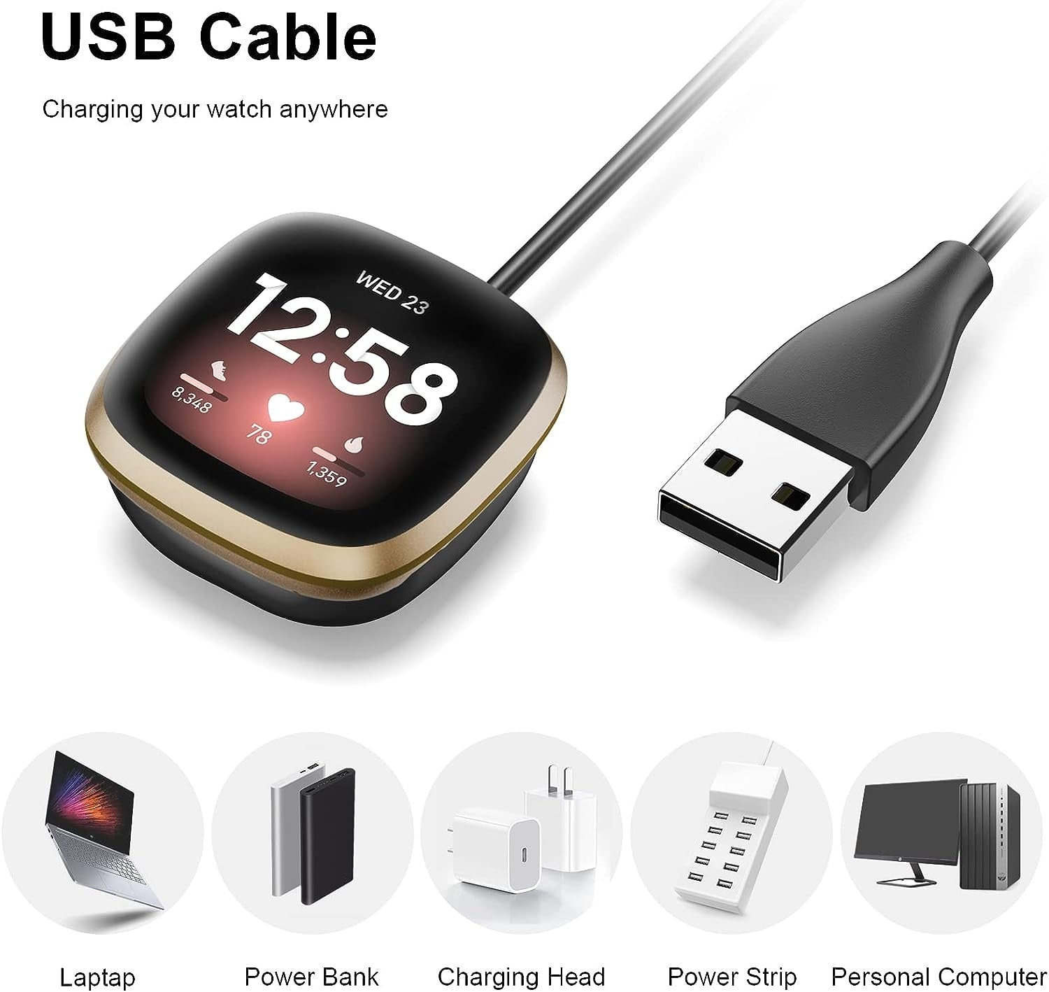 Das Bild zeigt eine Smartwatch, die über ein USB-Kabel aufgeladen wird. Zubehör umfasst Laptop, Powerbank, Ladegerät, Steckdosenleiste und Computer.