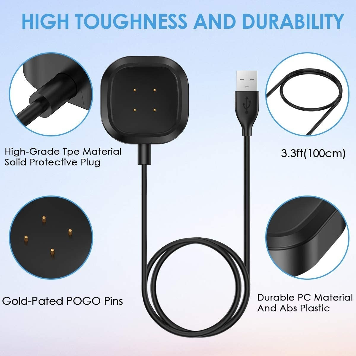 Schwarzes Smartwatch-Ladegerät. Details zeigen den Stecker, das USB-Kabel und Nahaufnahmen der Ladestifte und des Kunststoffmaterials.