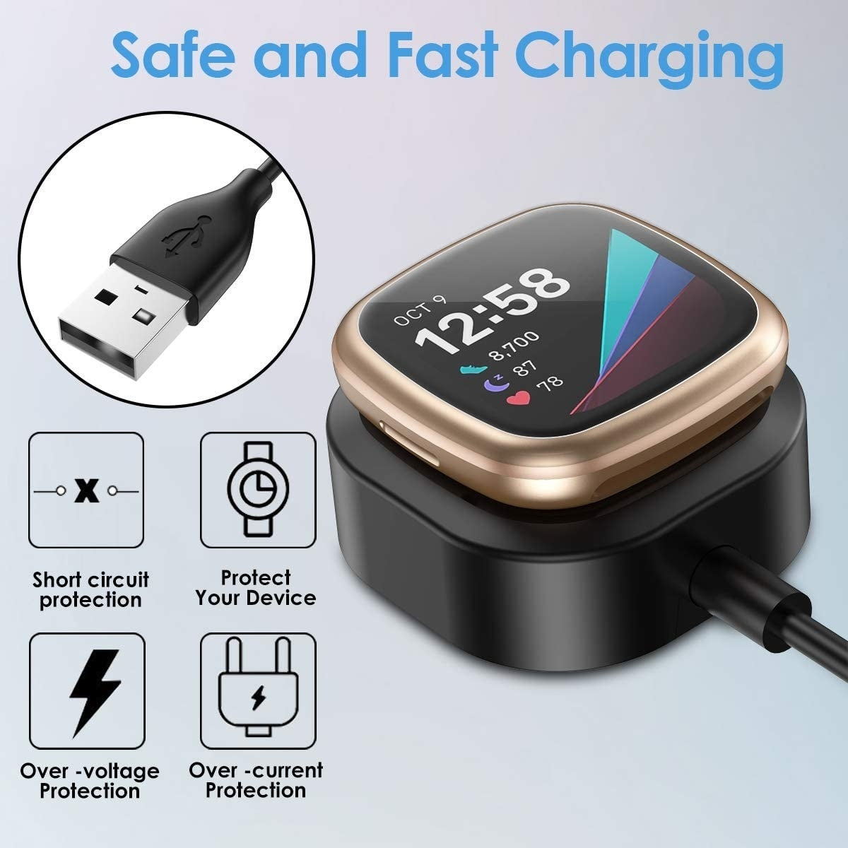 Eine Smartwatch auf einer Ladestation mit einem USB-Kabel. Vier Symbole zeigen Schutzfunktionen an. Der Text lautet "Sicheres und schnelles Laden".
