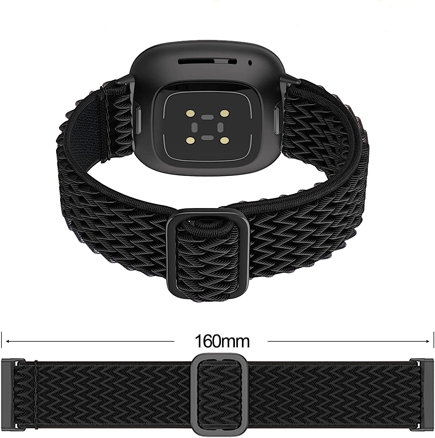 Schwarzer Fitness-Tracker mit gewebtem schwarzen Armband. Der Tracker hat einen Bildschirm und Sensorpunkte. Das Armband misst 160 mm.