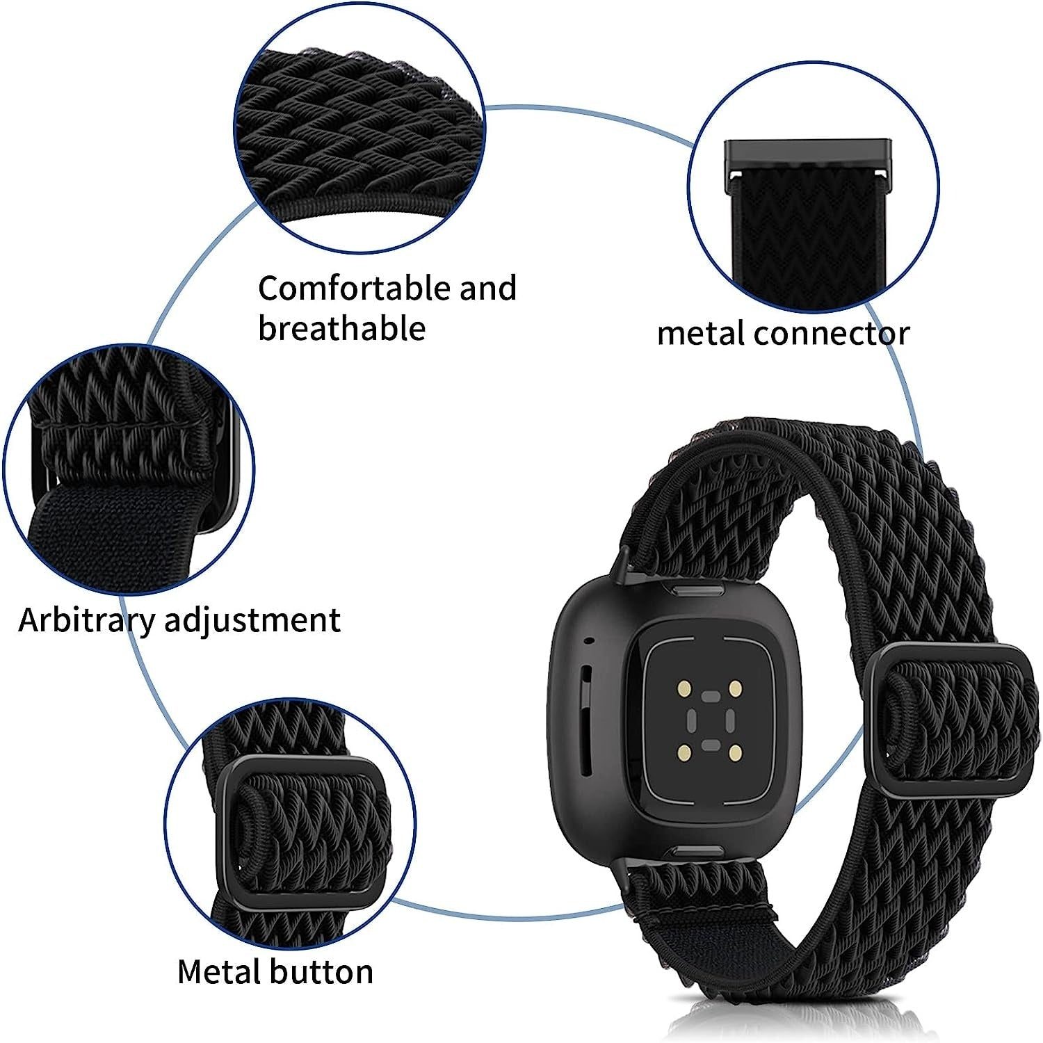 Eine schwarze Smartwatch mit gewebtem Armband. Details umfassen Metallverbinder, Metallknopf und bequemes, atmungsaktives Material.