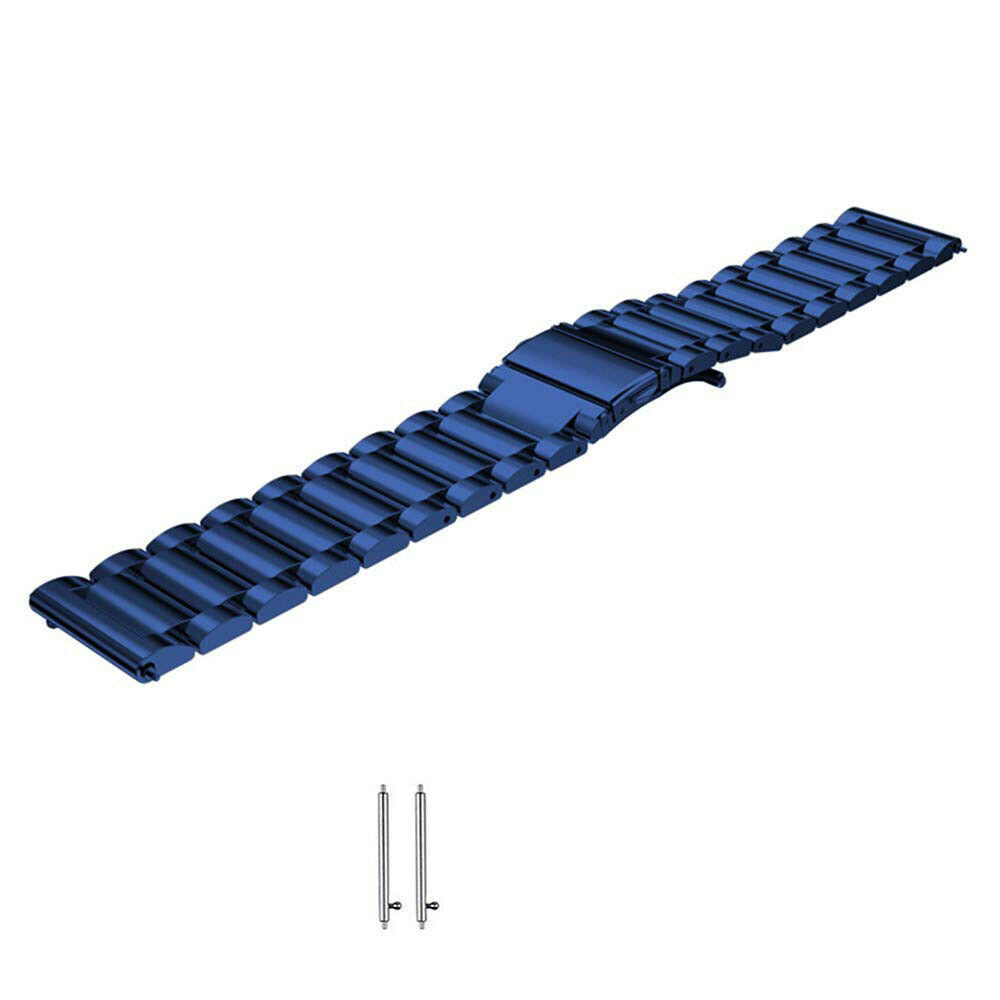 Ein blaues Metall-Uhrenarmband liegt auf einer weißen Oberfläche. Enthält zwei kleine Metallstifte zur Befestigung des Bandes.