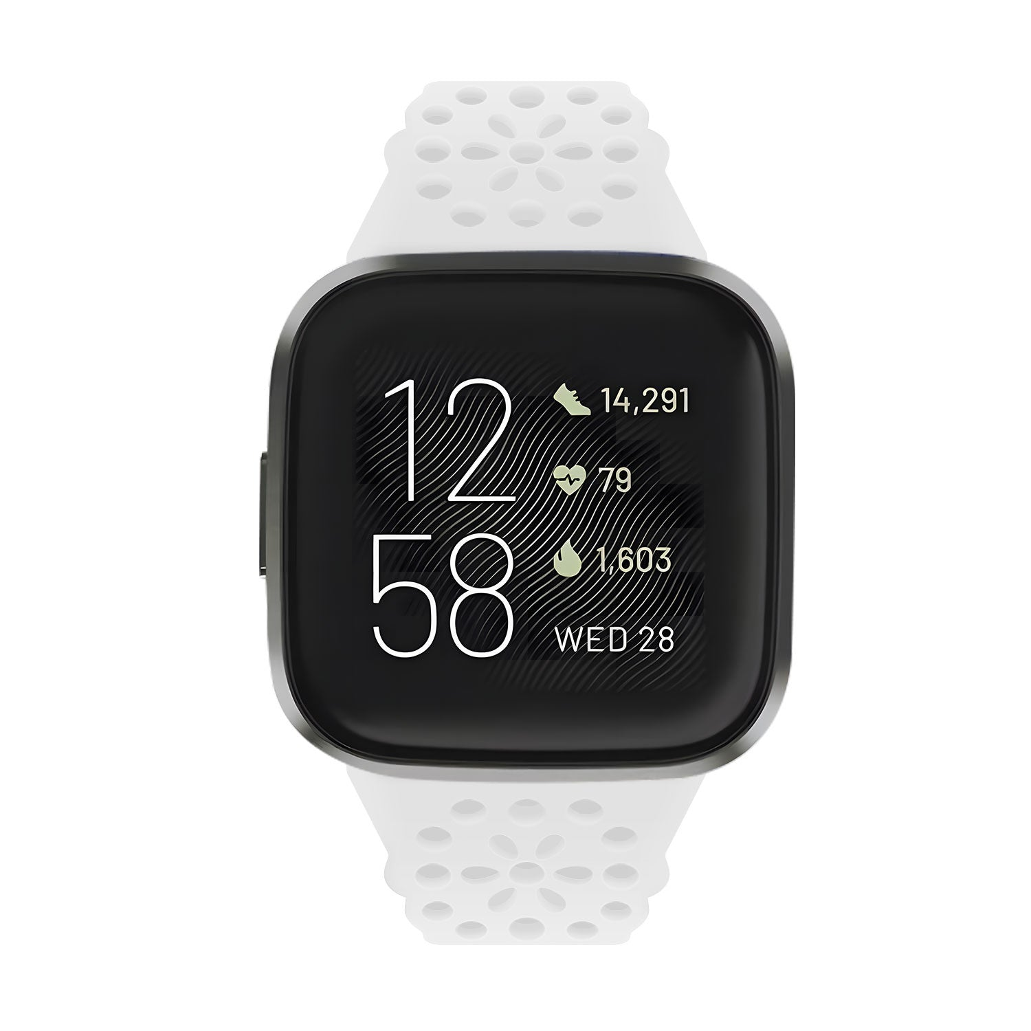 Eine weiße Smartwatch zeigt Zeit, Datum und Aktivitätsstatistiken an. Die Uhr hat ein weißes Armband auf weißem Hintergrund.