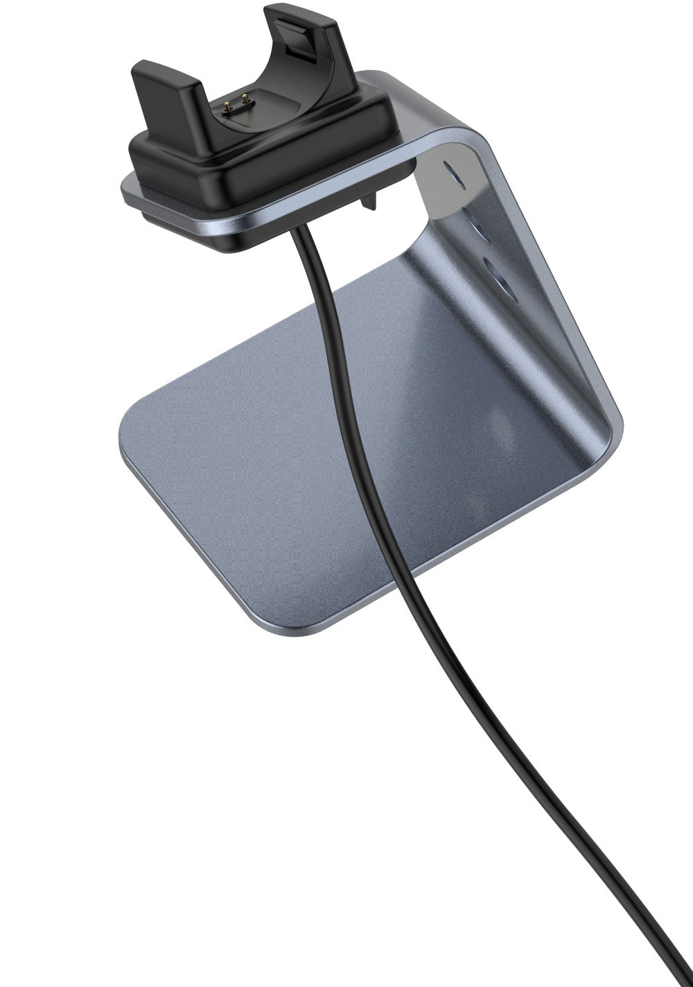 Ein schwarzes Smartwatch-Ladegerät auf einem grauen Metallständer mit einem schwarzen Kabel. Der Hintergrund ist weiß.