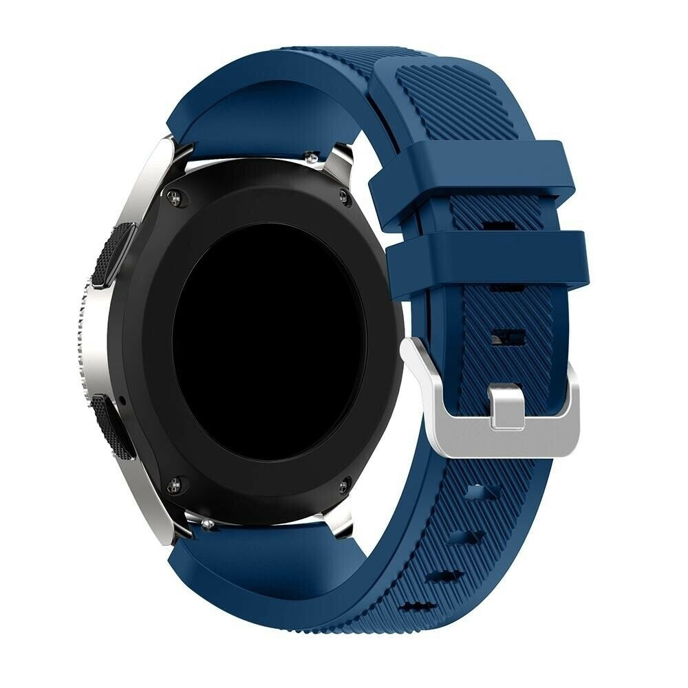 Eine blaue Smartwatch mit schwarzem Bildschirm und blauem Armband. Die Schnalle ist silberfarben.