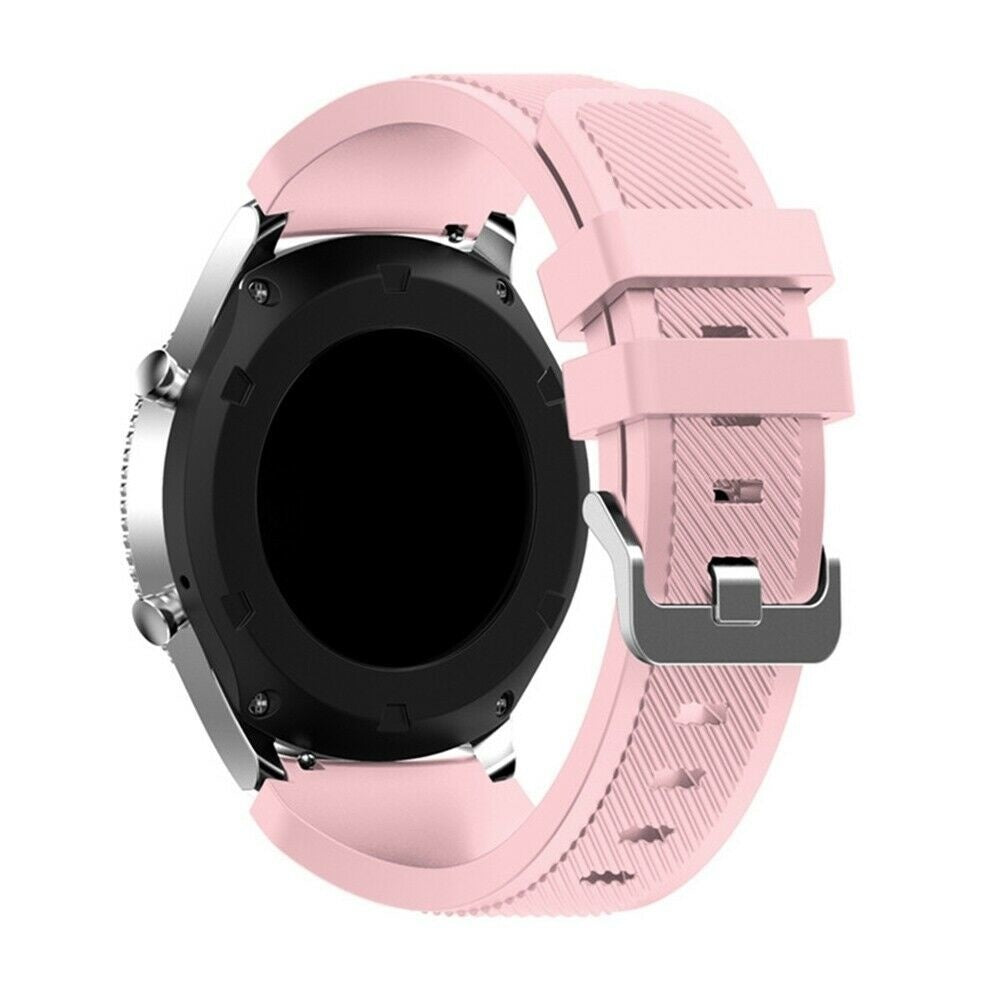 Eine rosa Smartwatch mit schwarzem Bildschirm und rosa Armband vor weißem Hintergrund. Das Armband ist geschnallt.