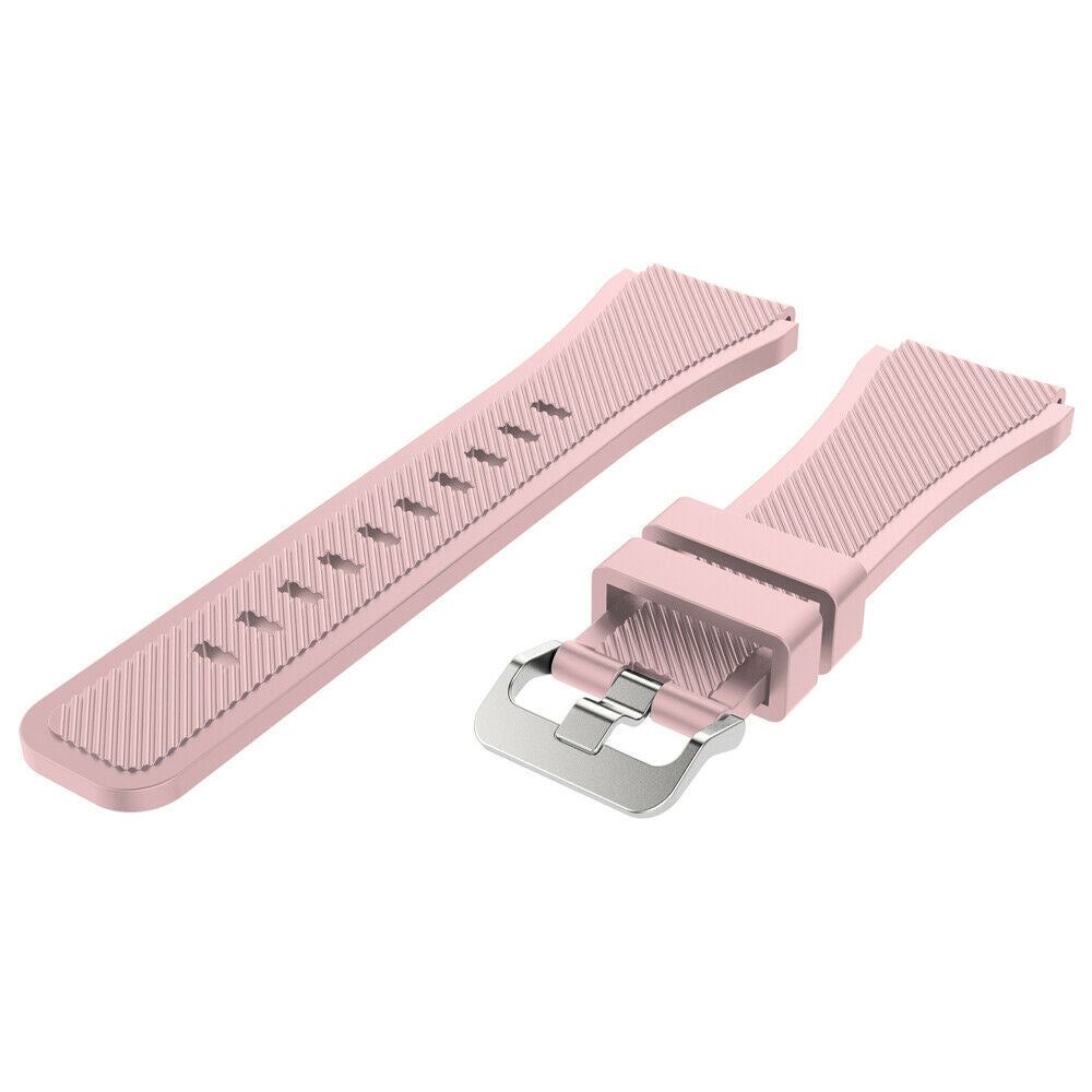 Ein rosafarbenes Uhrenarmband mit Schnalle wird angezeigt. Das Armband ist zweiteilig und liegt auf weißem Hintergrund.