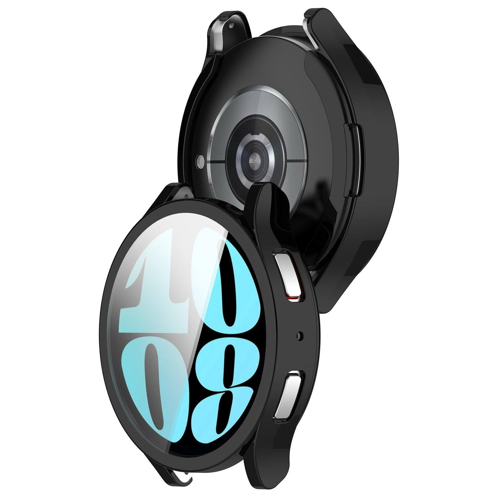 Schwarze Smartwatch mit Schutzhülle. Das Zifferblatt zeigt die Zahlen 10 und 08 in Blau. Die Hülle ist geöffnet.