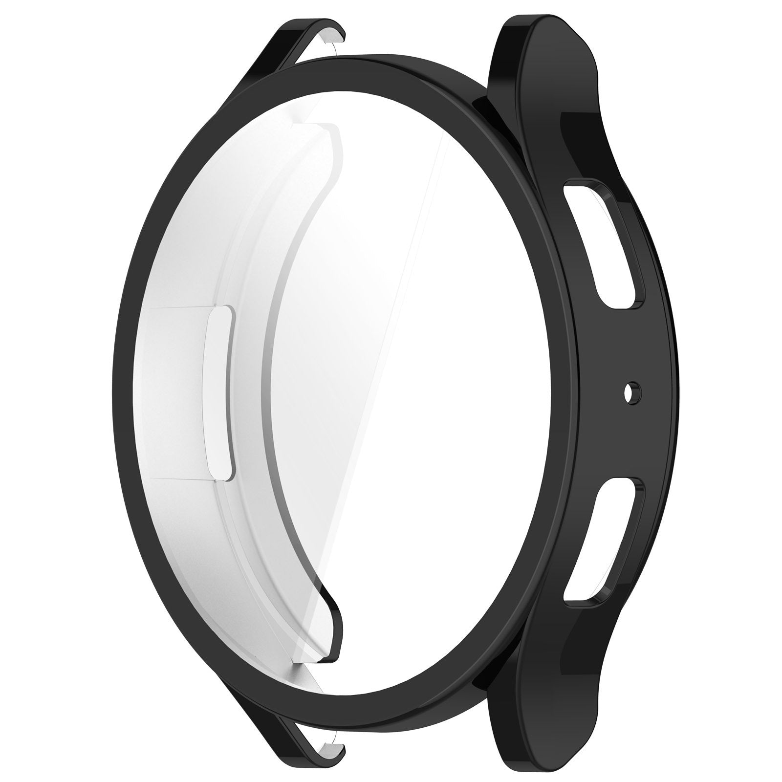 Schwarzes Uhrengehäuse mit transparentem Displayschutz. Rundes Design mit Aussparungen für Knöpfe und Sensoren.