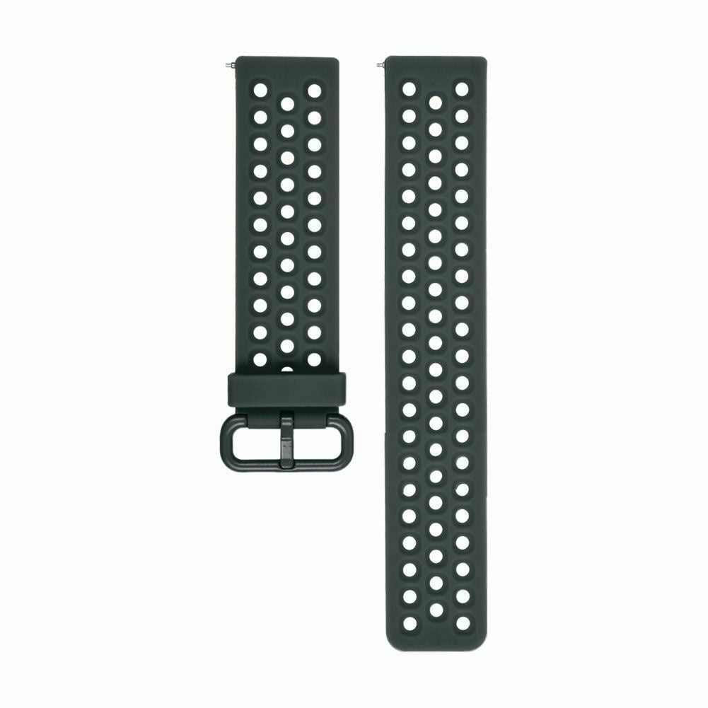 Zwei dunkelgrüne Uhrenarmbänder mit weißen Perforationen. Ein Armband hat eine Schnalle.
