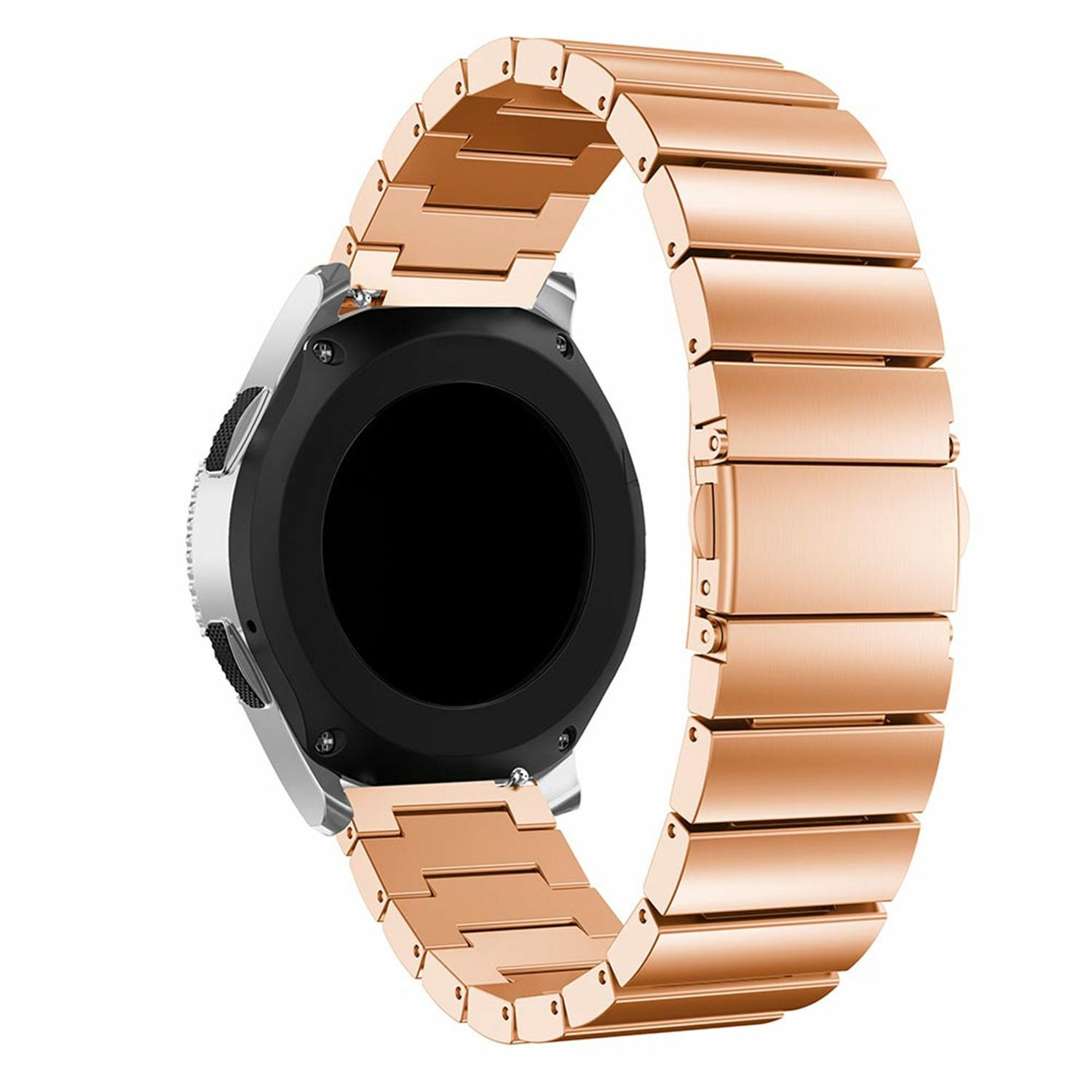 Ein roségoldenes Metallarmband ist mit einem schwarzen Zifferblatt mit silbernem Rahmen verbunden. Das Band besteht aus rechteckigen Gliedern.