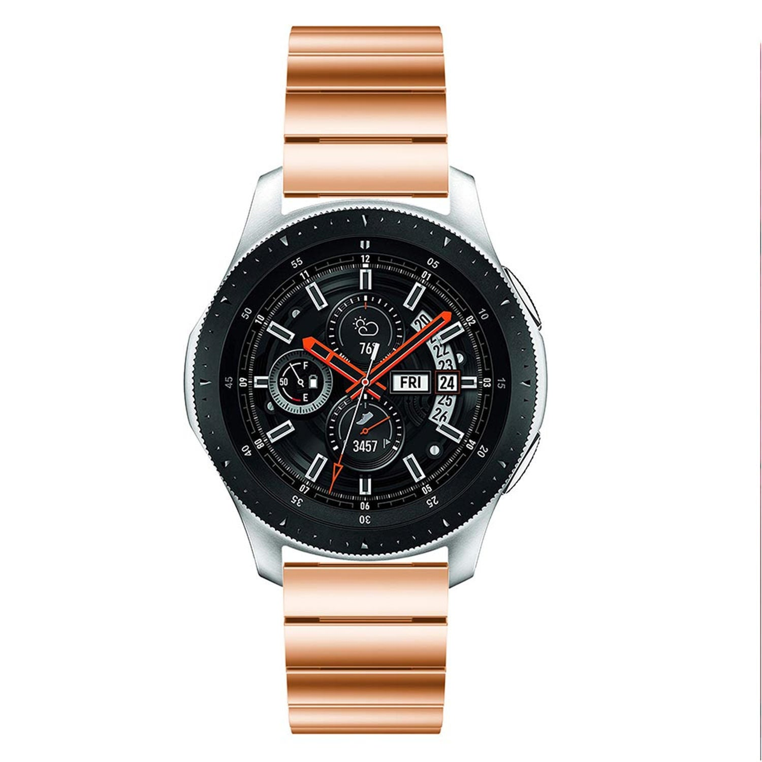 Eine roségoldene Smartwatch mit schwarzem Zifferblatt und silberner Lünette. Die Uhr zeigt Zeit, Datum und andere Informationen an. Das Armband ist ebenfalls roségold.