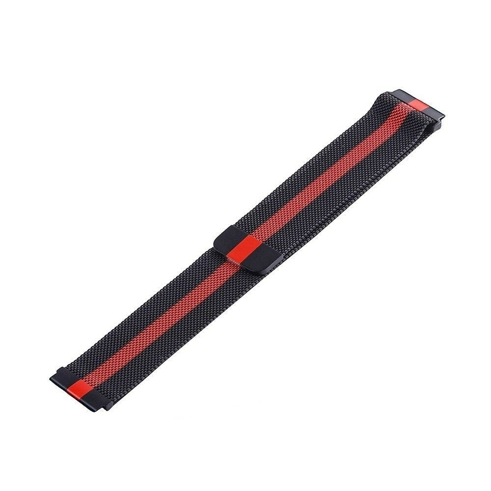 Ein schwarzes und rotes Uhrenarmband liegt vor einem weißen Hintergrund. Es hat einen roten Mittelstreifen und rote Akzente an den Enden.