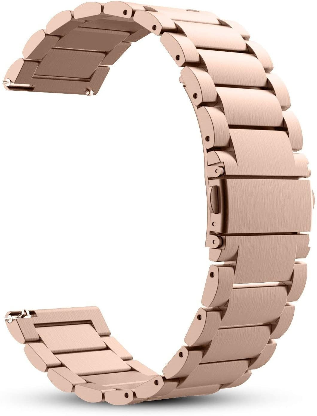 Roségoldenes Uhrenarmband in gebogener Form, mit mehreren rechteckigen Gliedern und einem Verschluss. Der Hintergrund ist weiß.