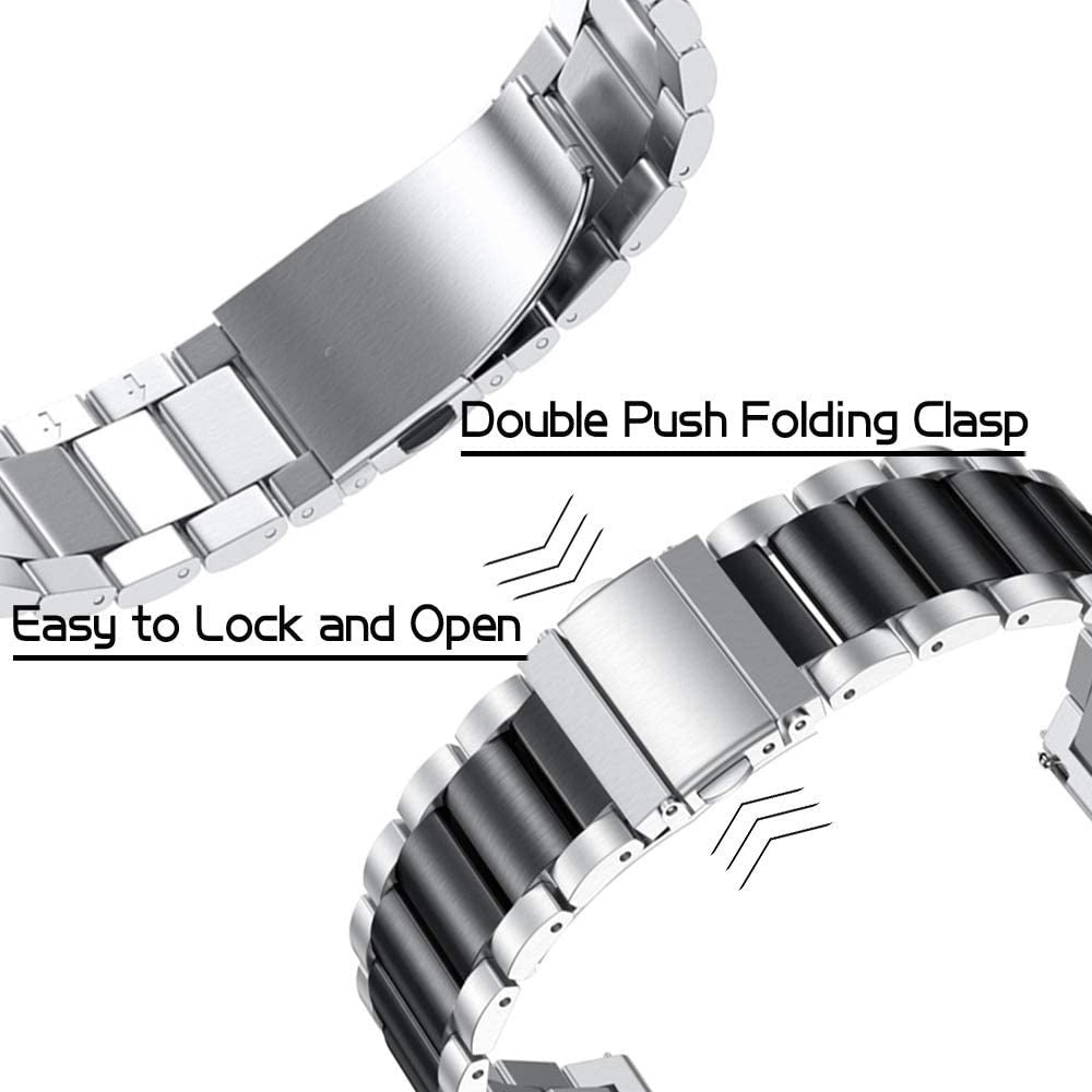 Nahaufnahme eines Uhrenarmbandverschlusses. Er ist silber und schwarz mit dem Text 'Double Push Folding Clasp' und 'Easy to Lock and Open'.