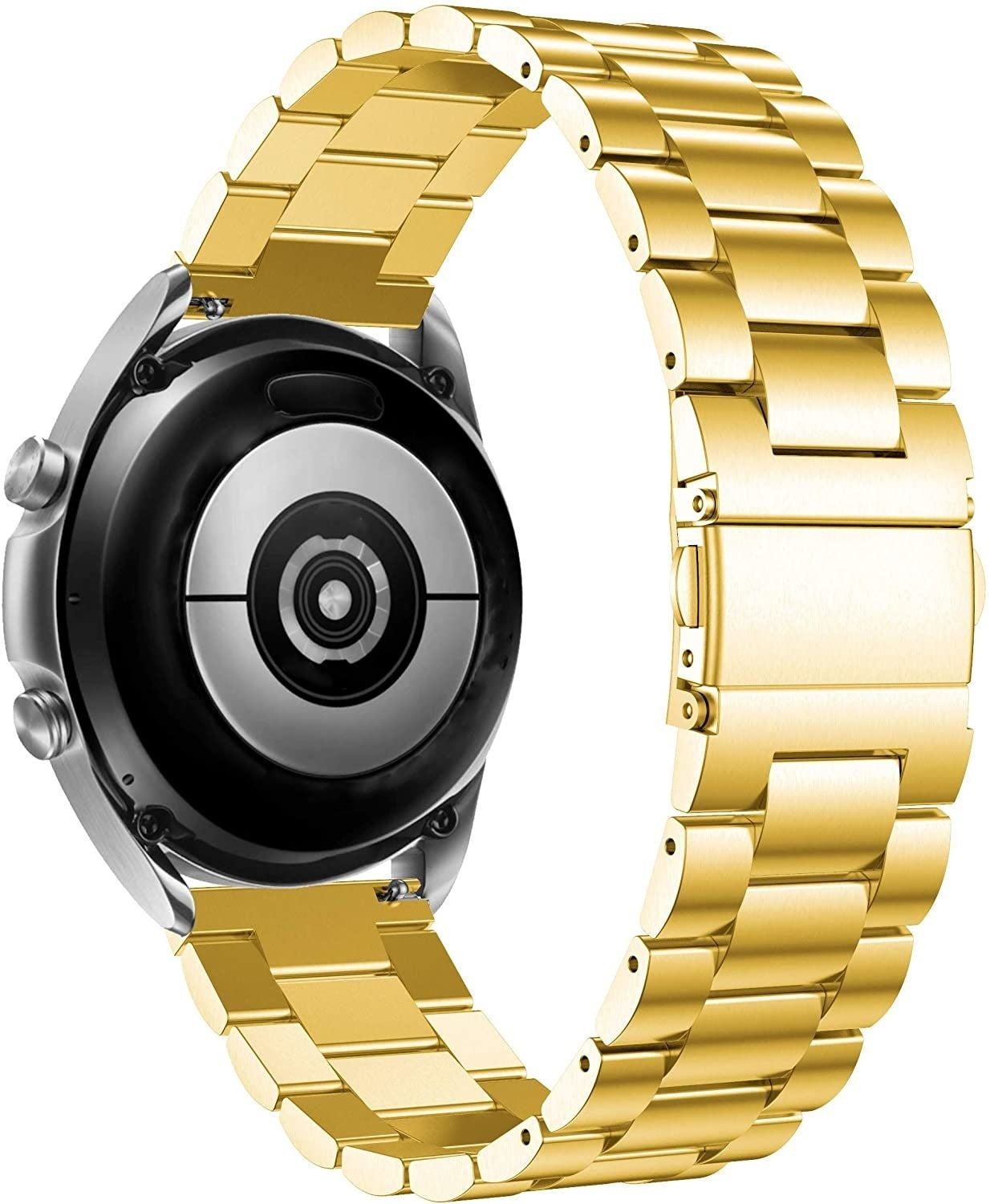 Ein goldfarbenes Uhrenarmband ist an einer schwarz-silbernen Smartwatch befestigt. Das Armband besteht aus verbundenen Metallstücken und ist gebogen.
