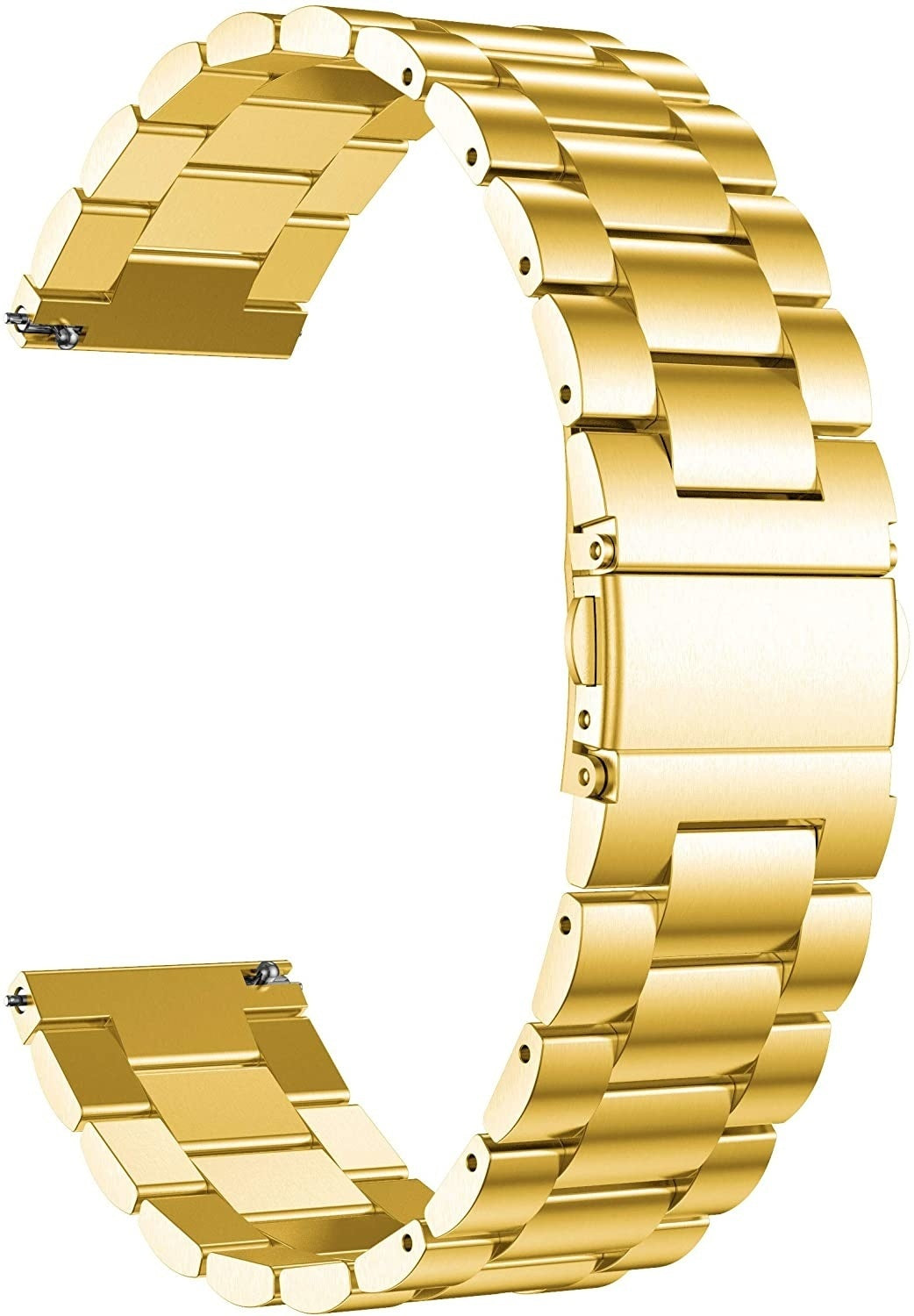 Ein gebogenes, goldenes Uhrenarmband. Es hat einen Verschluss und besteht aus rechteckigen, verbundenen Metallgliedern.
