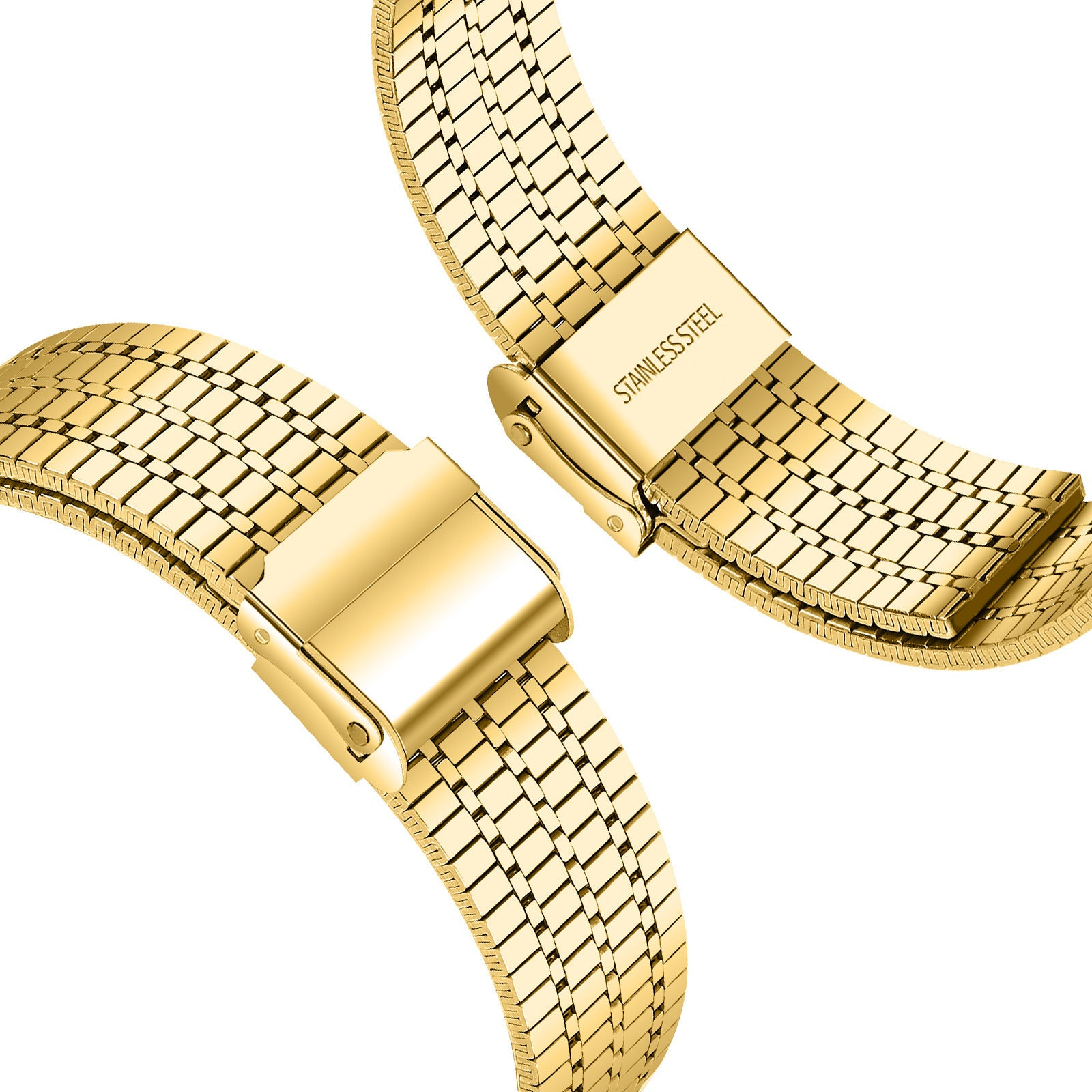 Nahaufnahme eines goldenen Edelstahl-Uhrenarmbands mit Verschluss. Das Armband besteht aus kleinen, rechteckigen Gliedern.