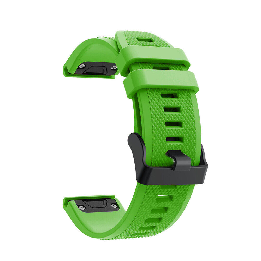 Ein leuchtend grünes Uhrenarmband mit schwarzer Schließe und Anschlüssen. Das Armband ist strukturiert und besteht aus Gummi.
