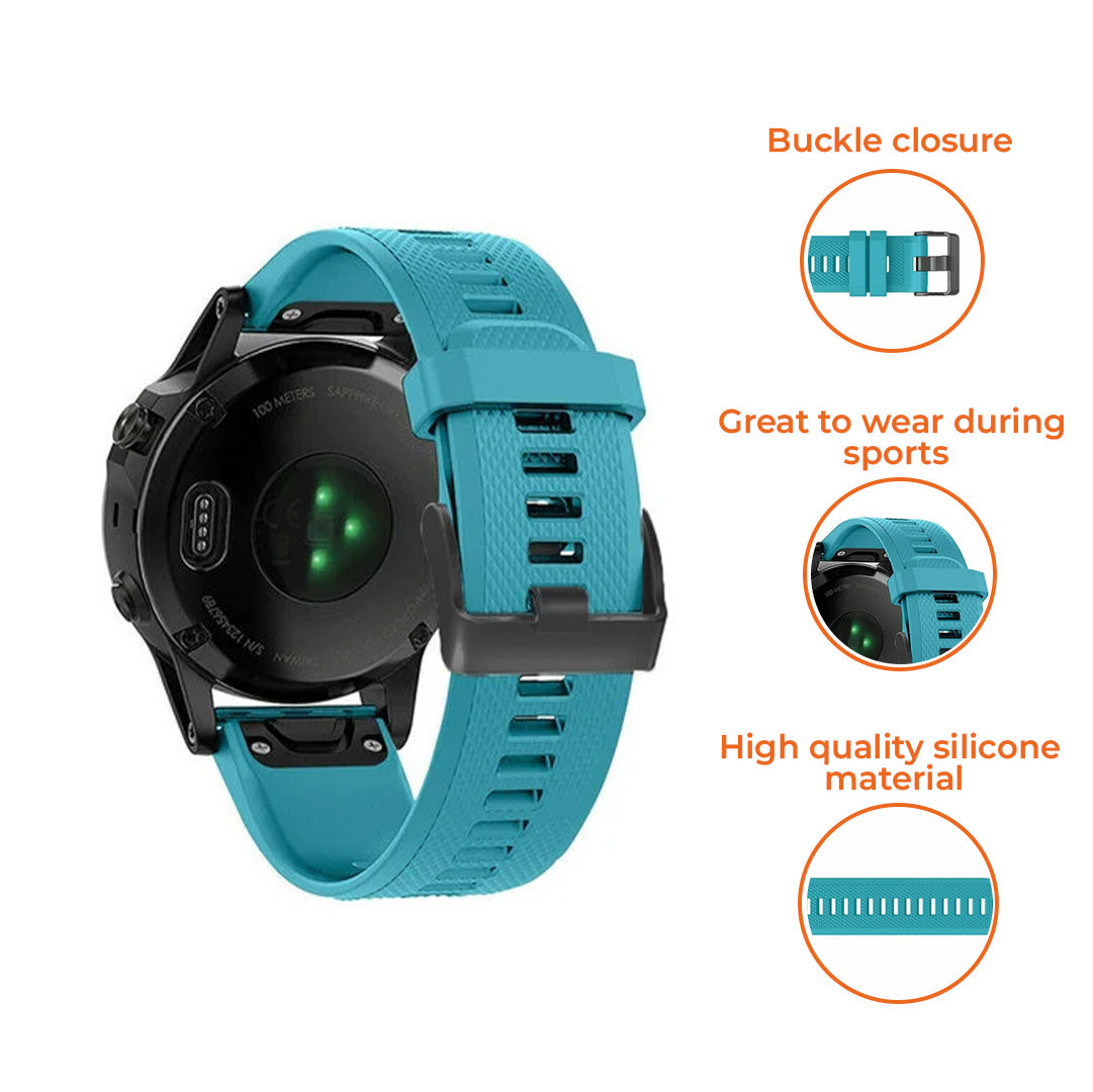 Eine türkisfarbene Smartwatch mit schwarzer Lünette und Armband. Zu den Merkmalen gehören Herzfrequenzsensor, Schnallenverschluss und hochwertiges Silikonmaterial.