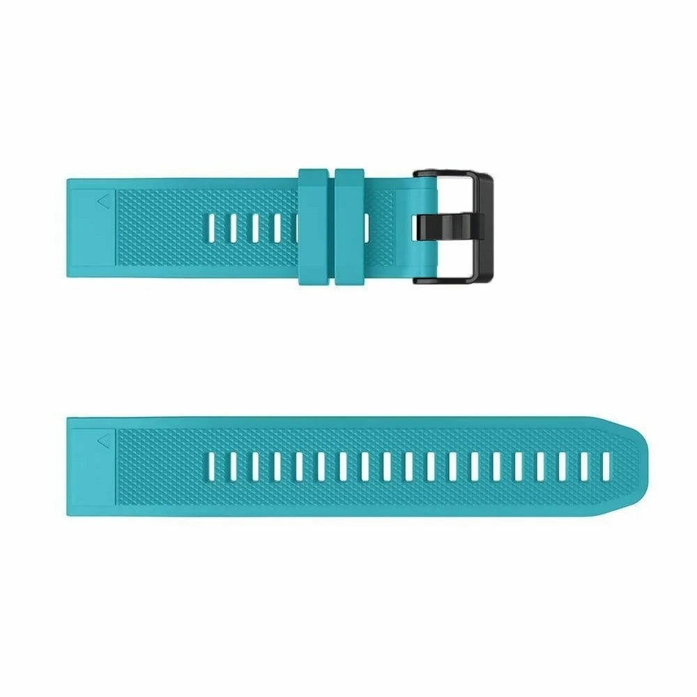 Zwei türkisfarbene Uhrenarmbänder, eines mit Schnalle, schwarzem Verschluss. Beide sind strukturiert und haben Löcher zur Anpassung. Weißer Hintergrund.