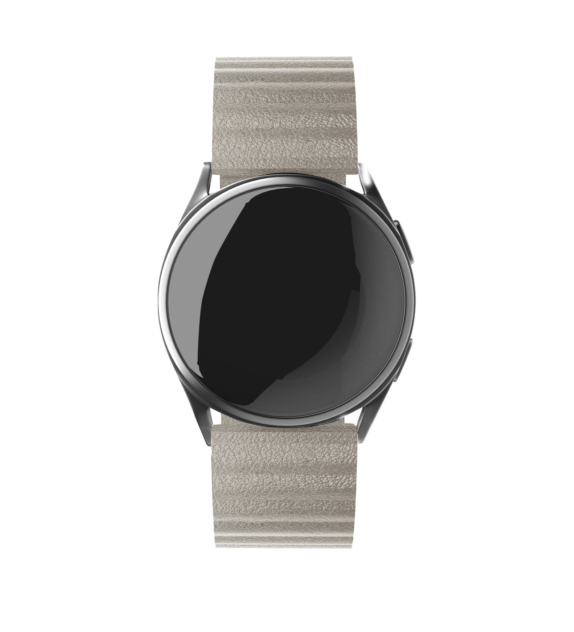 Eine runde Smartwatch mit schwarzem Bildschirm und grauen Armbändern. Das Zifferblatt ist von einer silbernen Lünette umgeben.