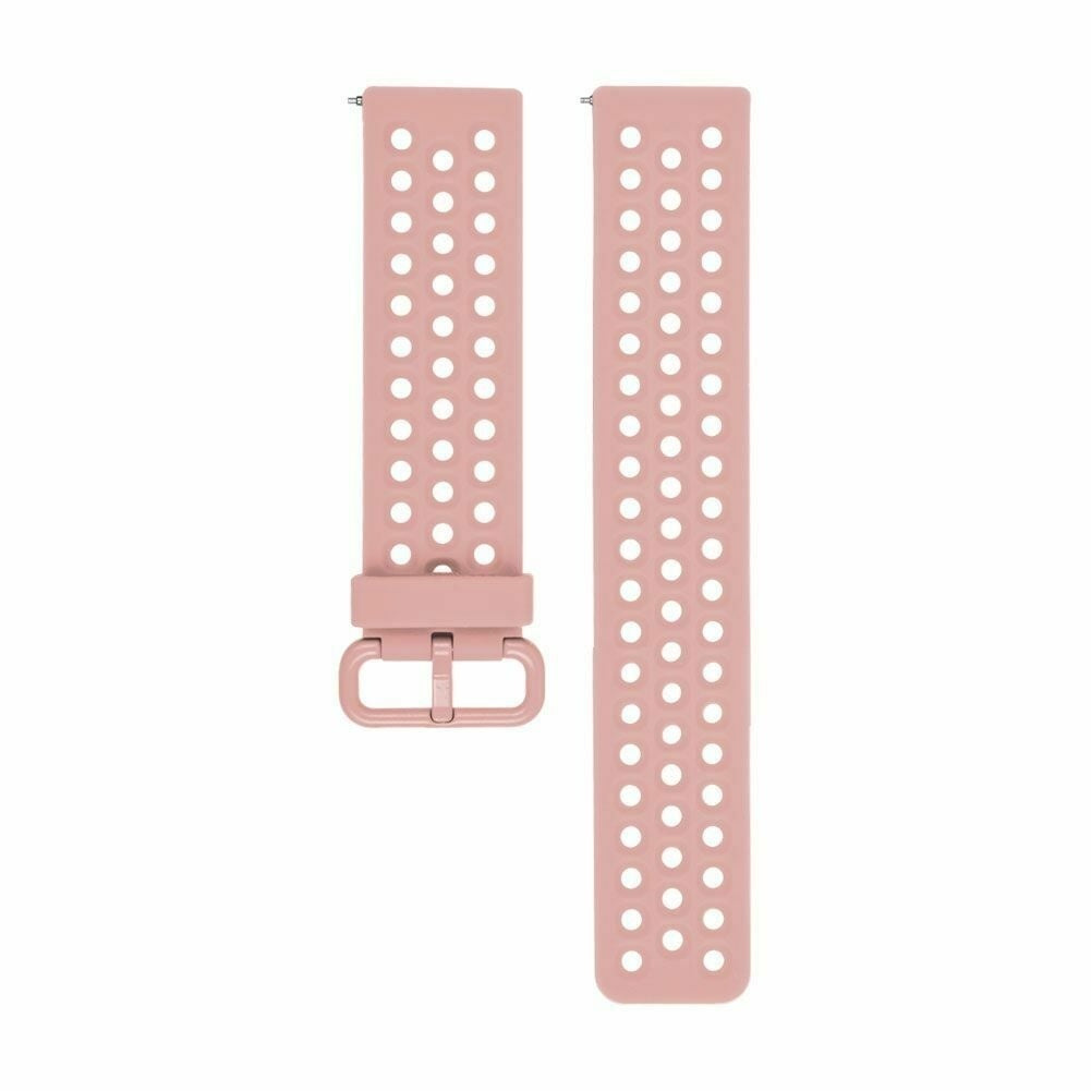 Zwei rosa Uhrenarmbänder mit weißen Perforationen werden gezeigt. Ein Armband hat eine Schnalle. Weißer Hintergrund.