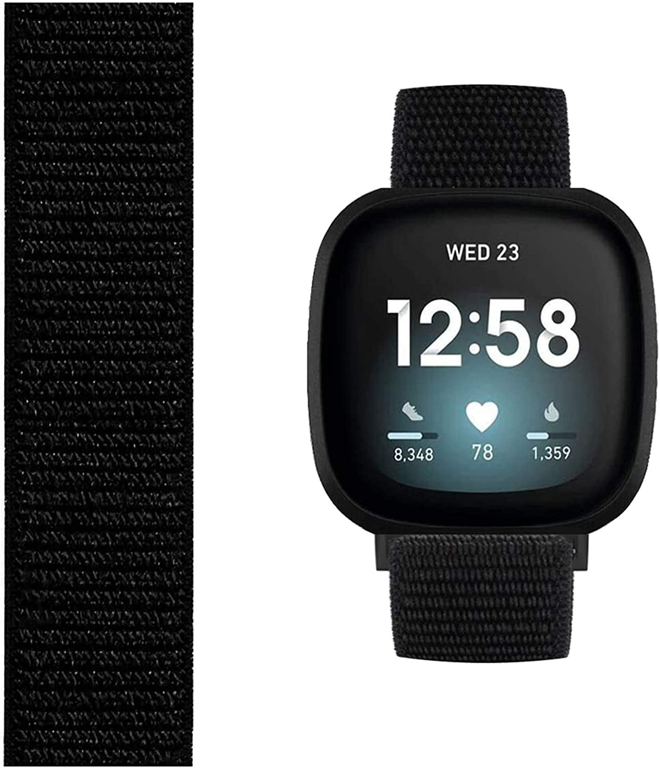 Schwarze Smartwatch mit 12:58 und Statistiken. Schwarzes Band links. Schwarzes Armband an der Uhr.