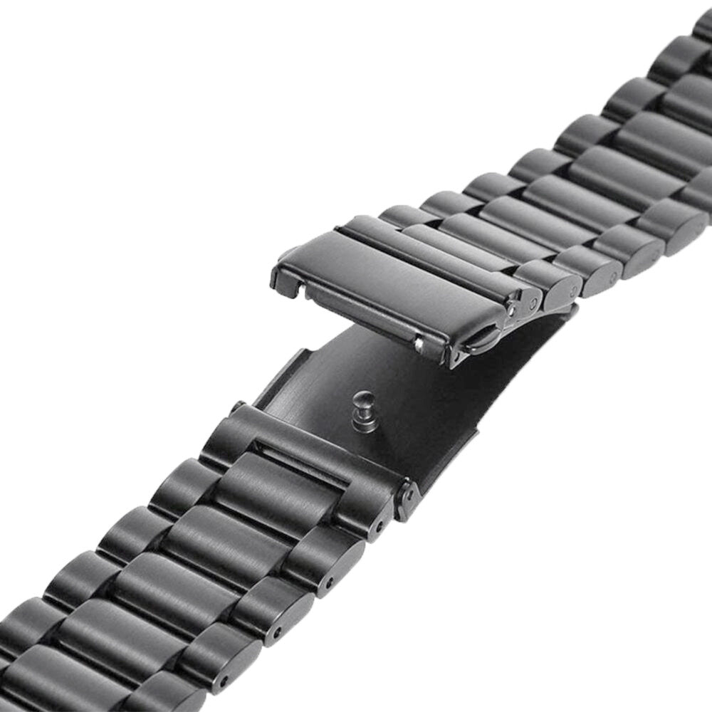 Nahaufnahme eines schwarzen Uhrenarmbands, das teilweise geöffnet ist und den Verschluss und das Metallband vor weißem Hintergrund zeigt.