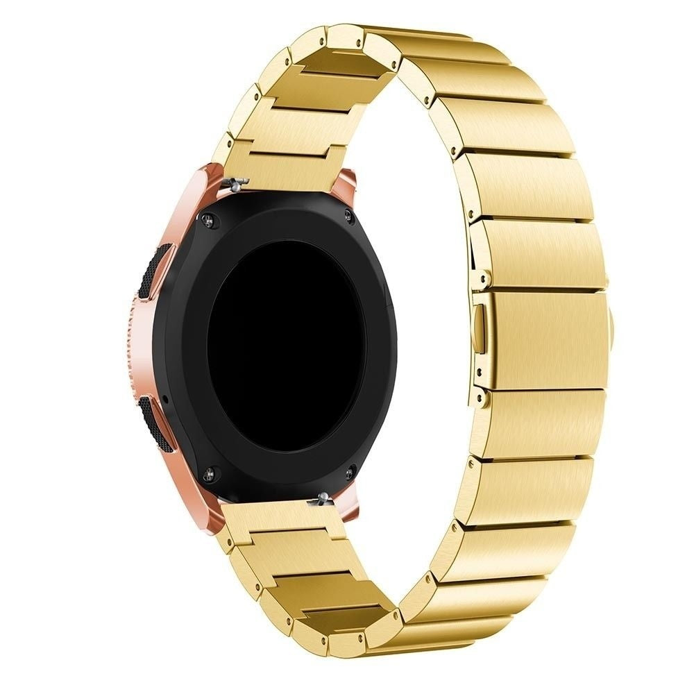 Eine goldene Uhr mit schwarzem Bildschirm wird auf weißem Hintergrund angezeigt. Die Uhr befindet sich in der Mitte des Bildes.