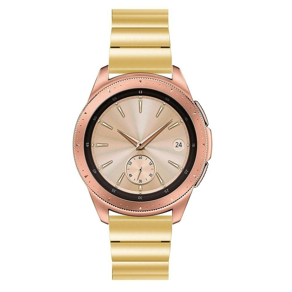 Eine goldene Smartwatch mit einem roségoldenen Gehäuse und einem metallisch goldenen Armband. Das Zifferblatt hat eine Datumsanzeige und Minutenmarkierungen.