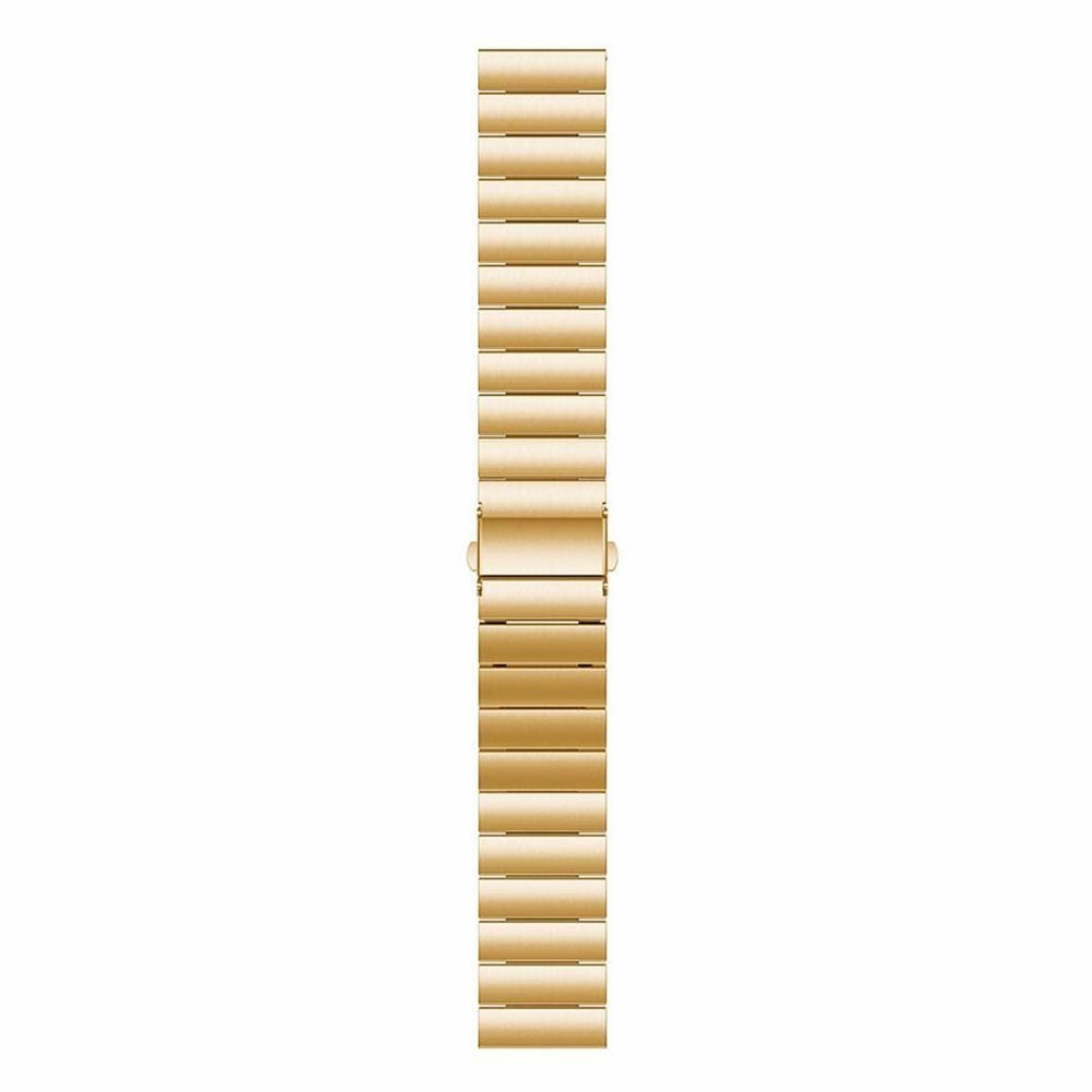 Ein goldfarbenes Uhrenarmband liegt vertikal vor einem weißen Hintergrund. Das Armband besteht aus kleinen, rechteckigen Gliedern.