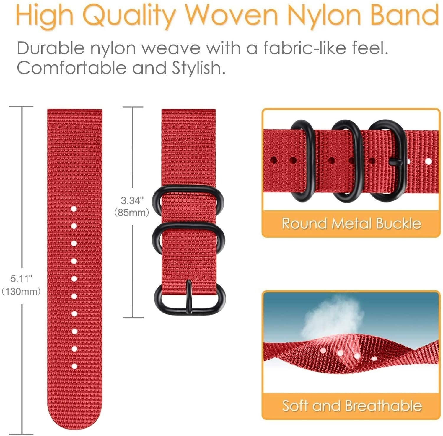 Rotes gewebtes Nylon-Uhrenarmband mit schwarzen Schnallen. Text hebt strapazierfähige Webart, Komfort und Atmungsaktivität hervor.