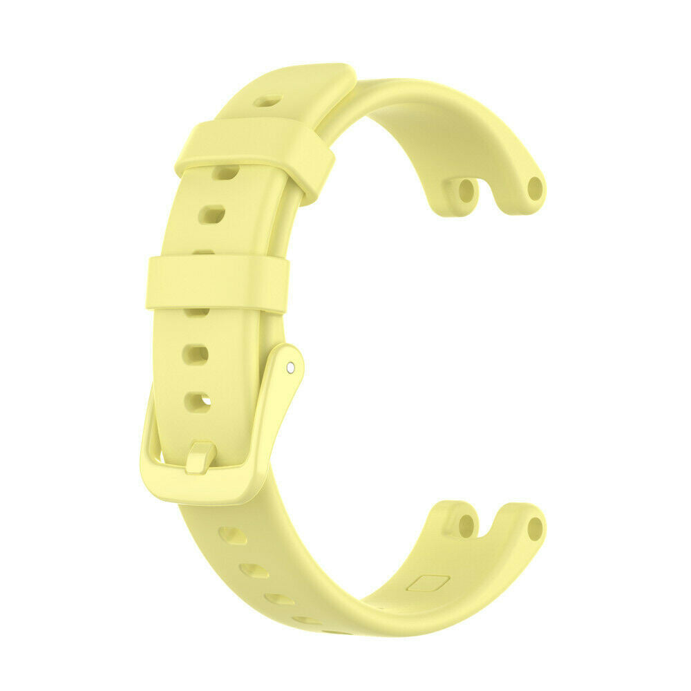 Ein hellgelbes Uhrenarmband wird gezeigt. Es hat eine Schnalle und Löcher zur Einstellung, mit einem gebogenen Ende zur Befestigung.