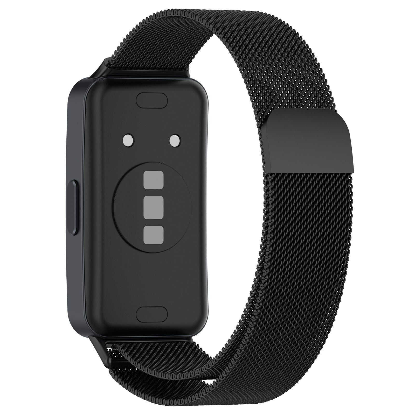 Schwarze Smartwatch mit Metallmaschenarmband. Das Zifferblatt hat drei Knöpfe, und das Band bildet eine Schleife.