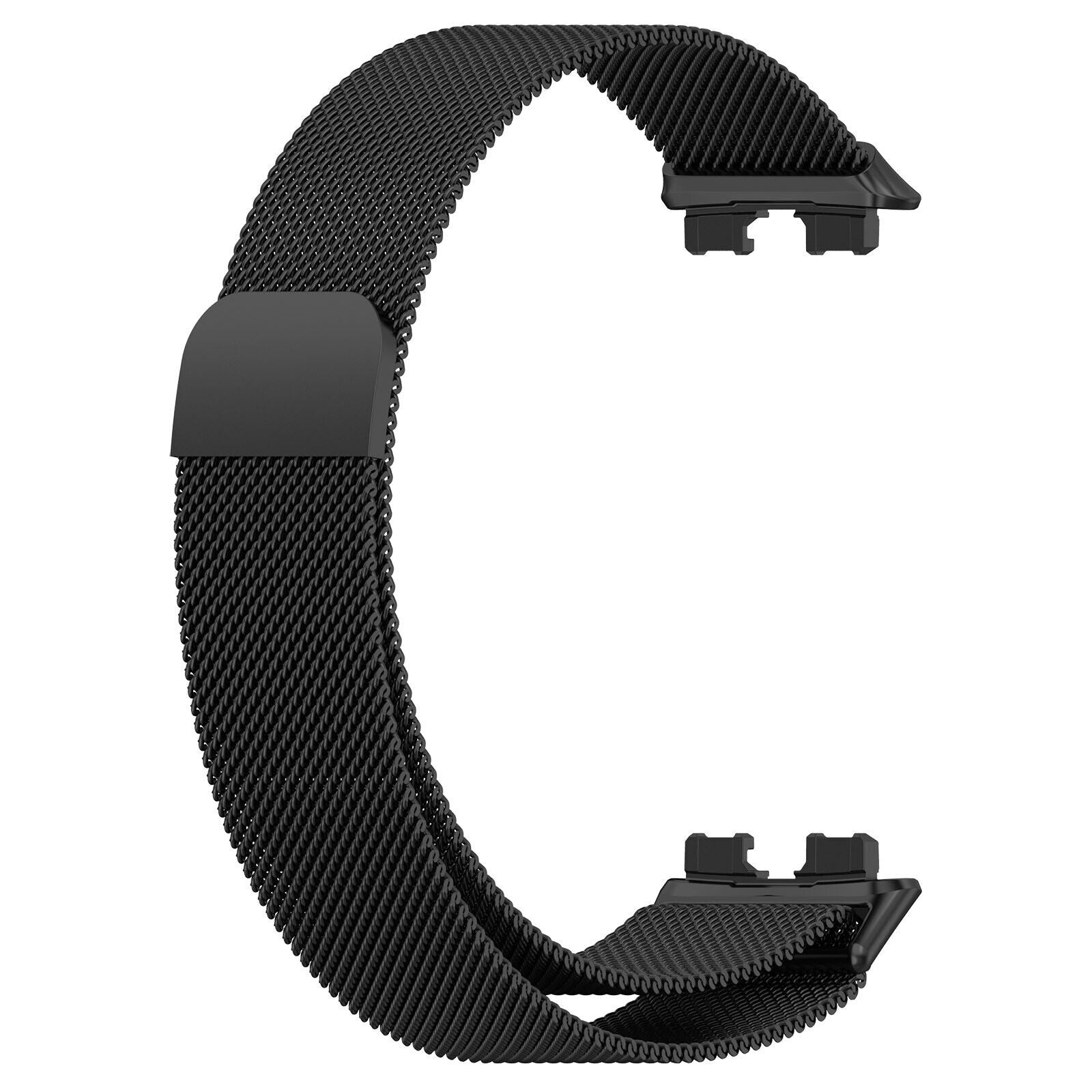 Ein schwarzes Uhrenarmband. Das Armband ist aus Mesh gefertigt und hat an beiden Enden einen Verschluss. Der Hintergrund ist weiß.