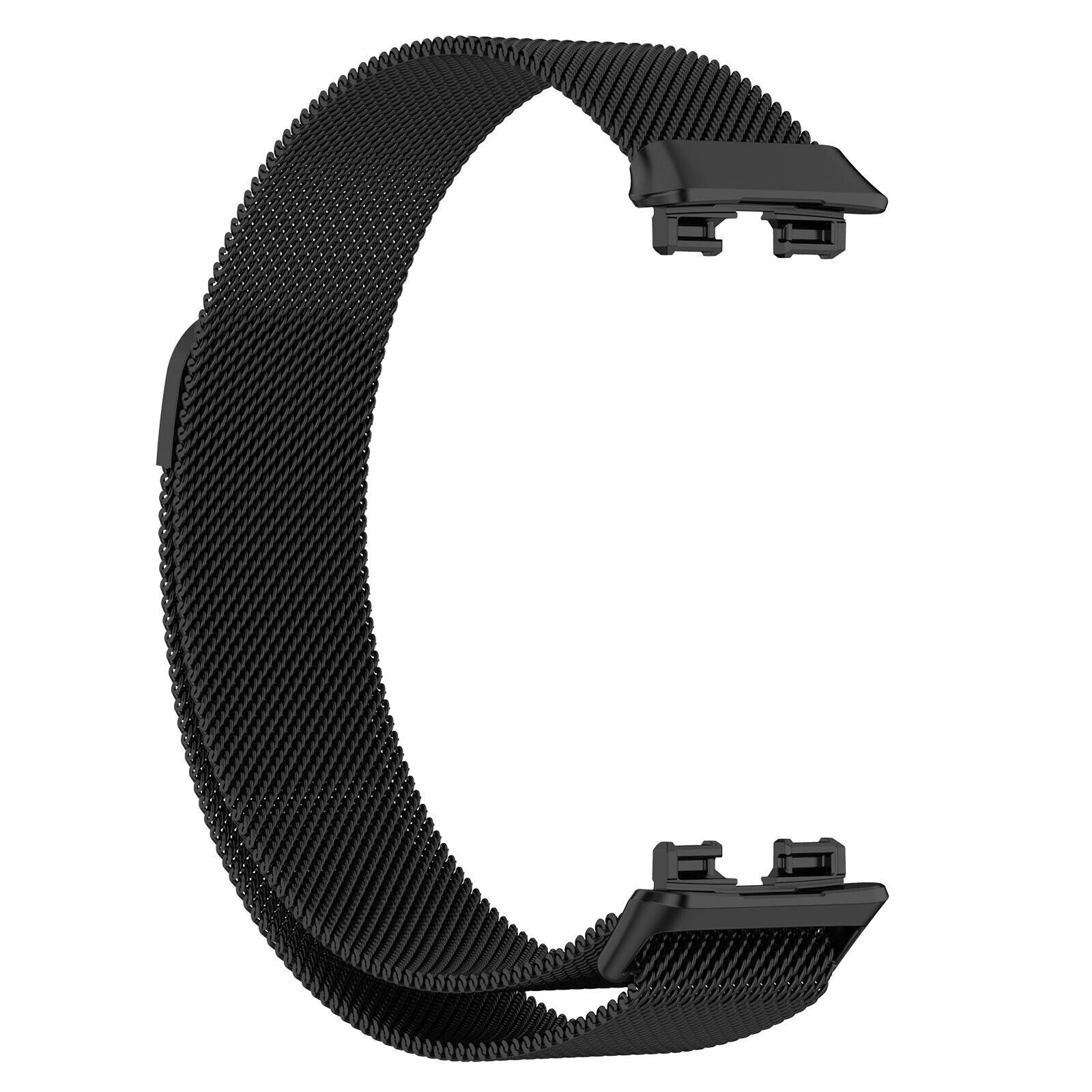 Ein schwarzes Metall-Uhrenarmband wird gezeigt. Es ist ein Mesh-Band mit zwei schwarzen Anschlüssen an den Enden.