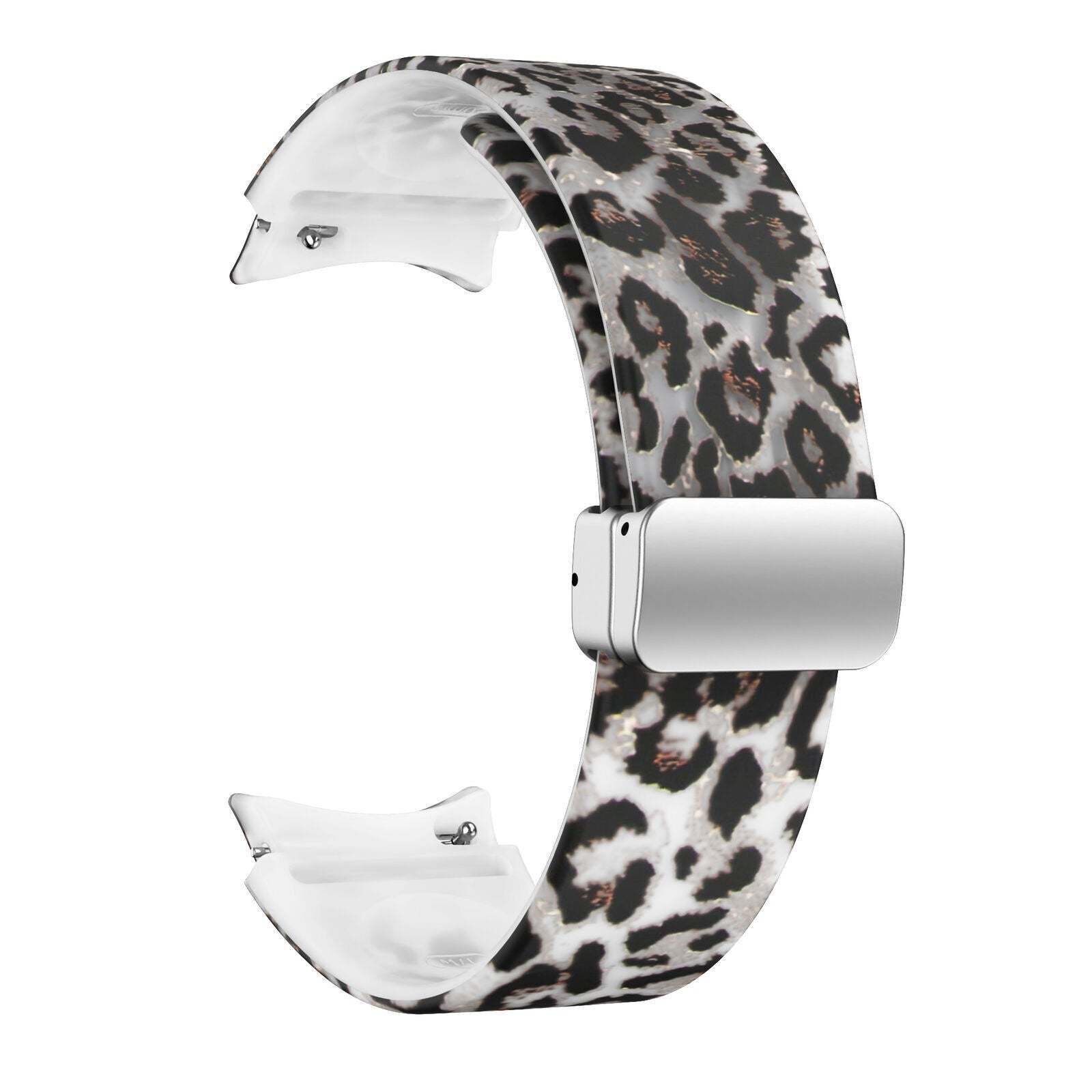 Armband mit Leopardenmuster in Schwarz, Grau und Weiß. Es hat einen silbernen Verschluss und weiße Aufsätze.