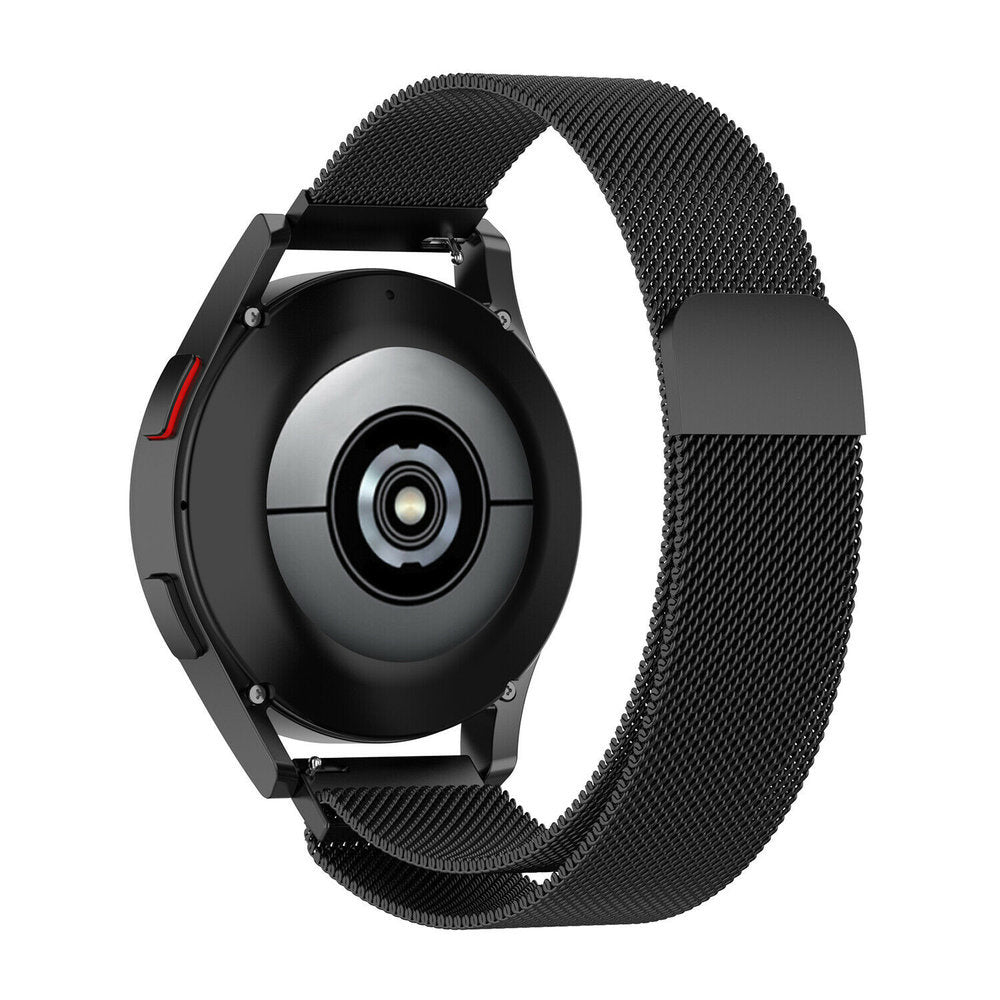 Schwarze Smartwatch mit Mesh-Armband. Das Zifferblatt ist sichtbar und zeigt ein kreisförmiges Design. Das Armband ist umgeschlungen.