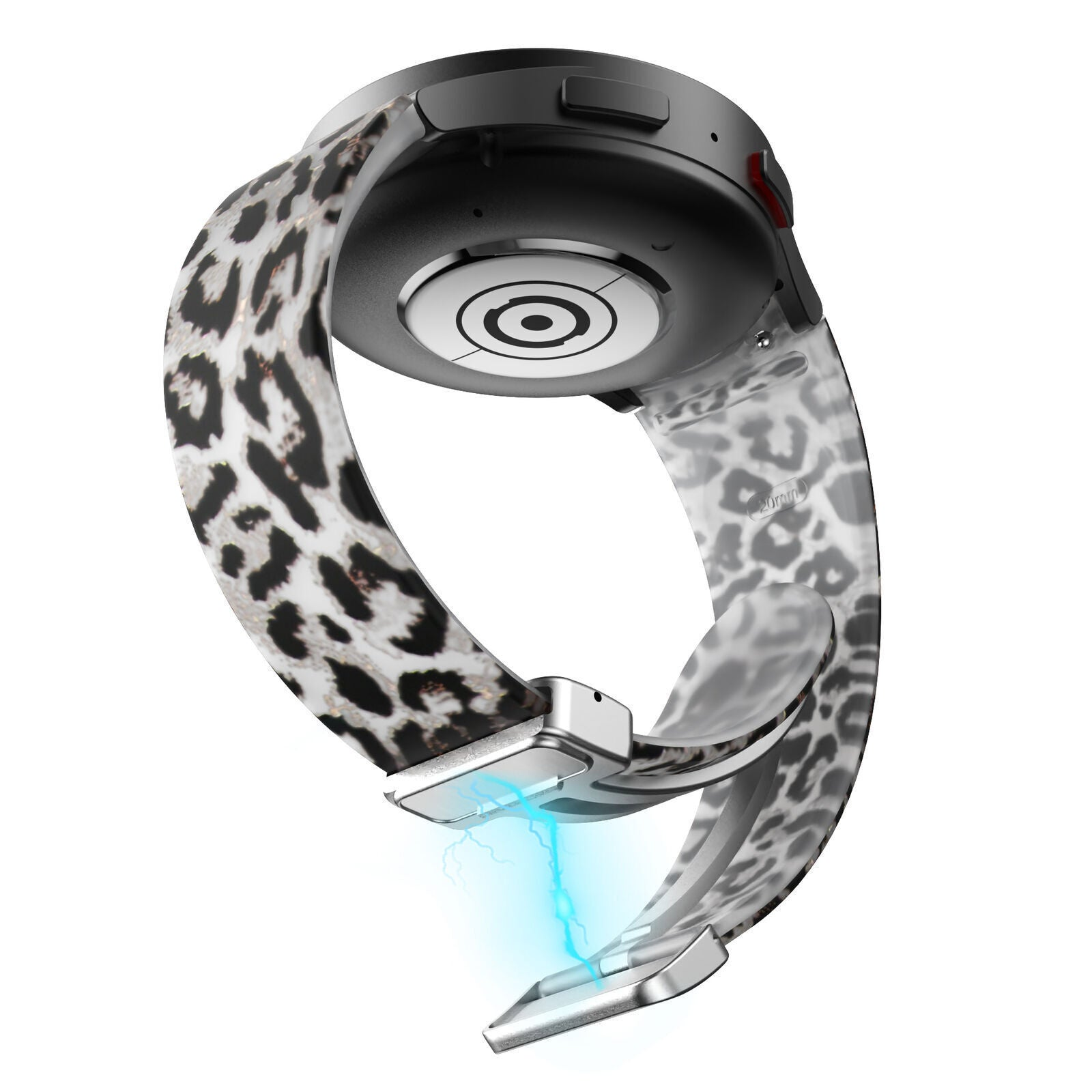 Eine Smartwatch mit einem Armband mit Leopardenmuster. Das Armband ist mit einem schwarzen Zifferblatt verbunden. Ein blaues Licht geht vom Verschluss des Armbands aus.