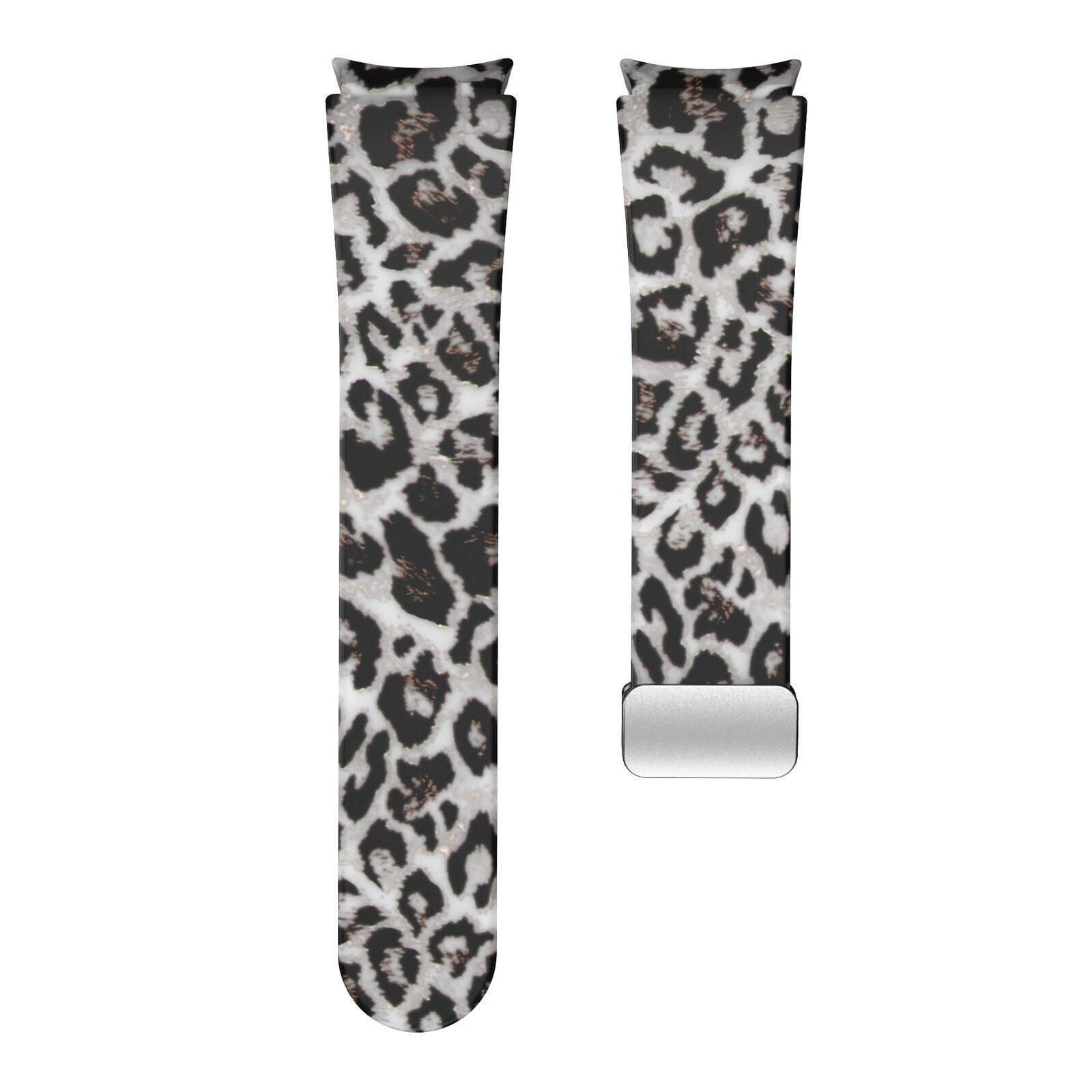 Zwei Armbänder mit Leopardenmuster in Schwarz, Weiß und Gold. Ein Armband hat eine silberne Schnalle.