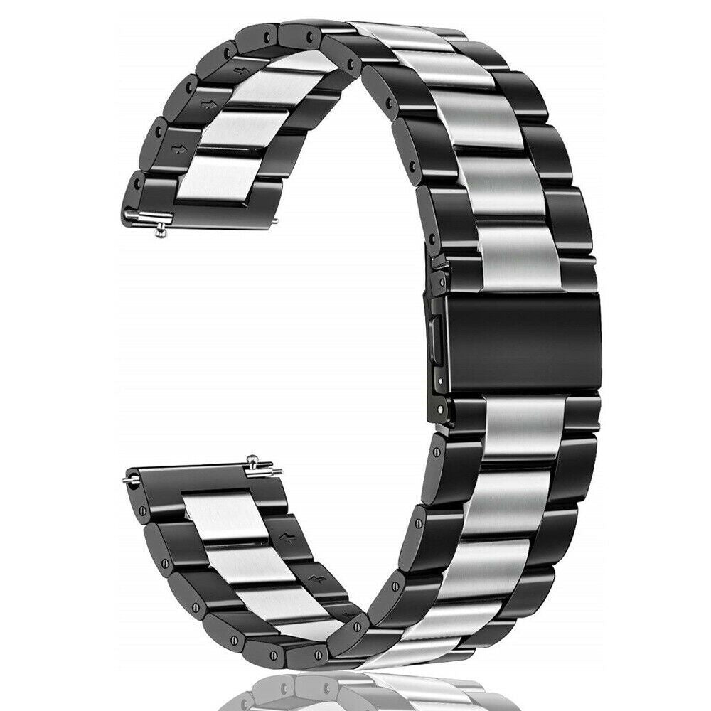 Ein metallenes Uhrenarmband mit schwarzen und silbernen Gliedern. Das Armband ist gebogen, mit schwarzen Gliedern an den Rändern und Silber in der Mitte.