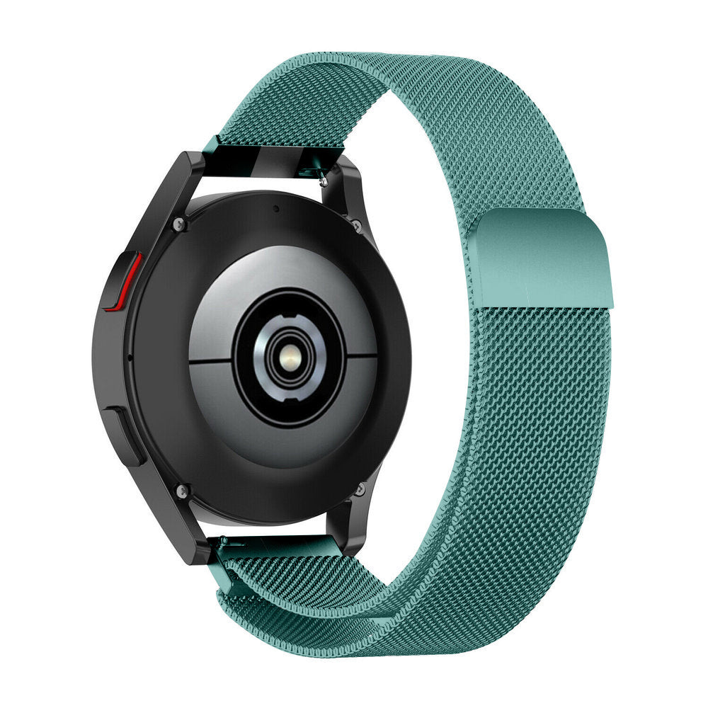 Eine schwarze Smartwatch mit einem tealfarbenen Mesh-Armband. Die Rückseite der Uhr zeigt Sensoren. Das Band ist seitlich verbunden.