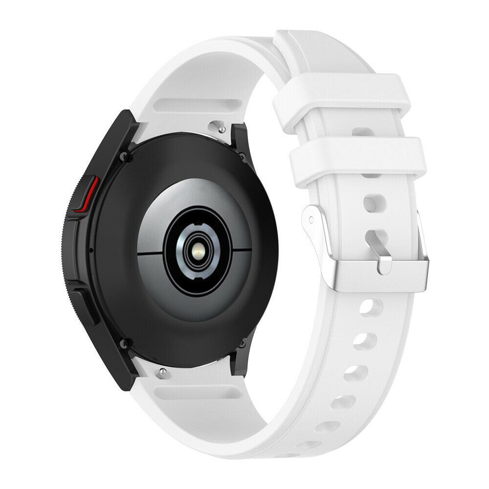 Eine schwarze Smartwatch mit weißem Armband. Die Uhr zeigt die Rückseite und hat Sensoren. Das Armband ist weiß und mit einer Metallschnalle befestigt.