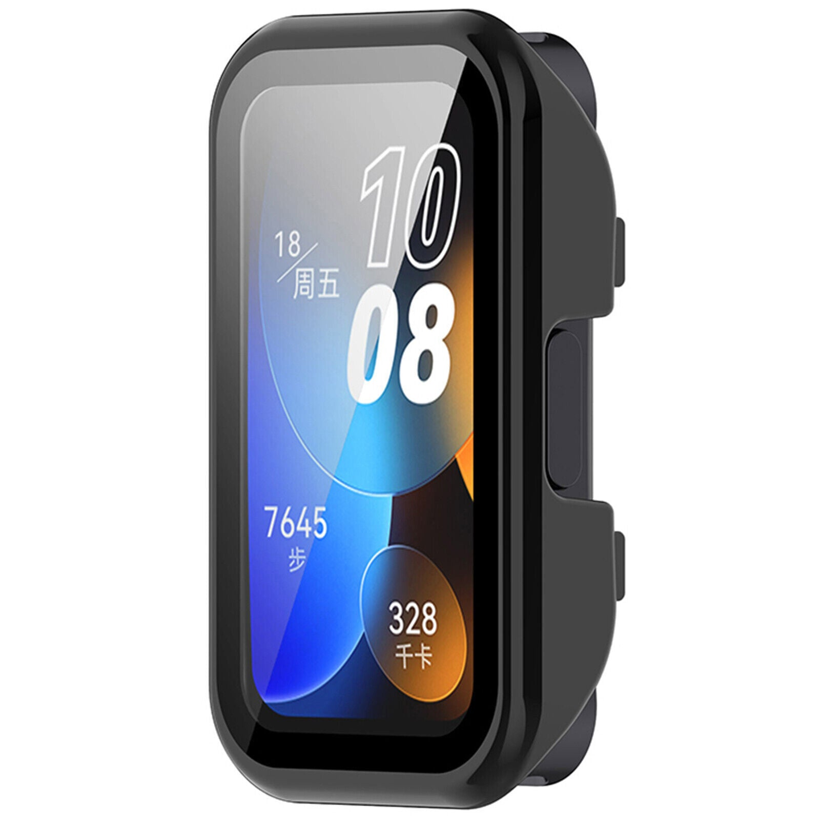 Eine schwarze Smartwatch zeigt Zeit, Datum und Gesundheitsmetriken an. Der Bildschirm zeigt Datum, Schritte und Kalorien an.