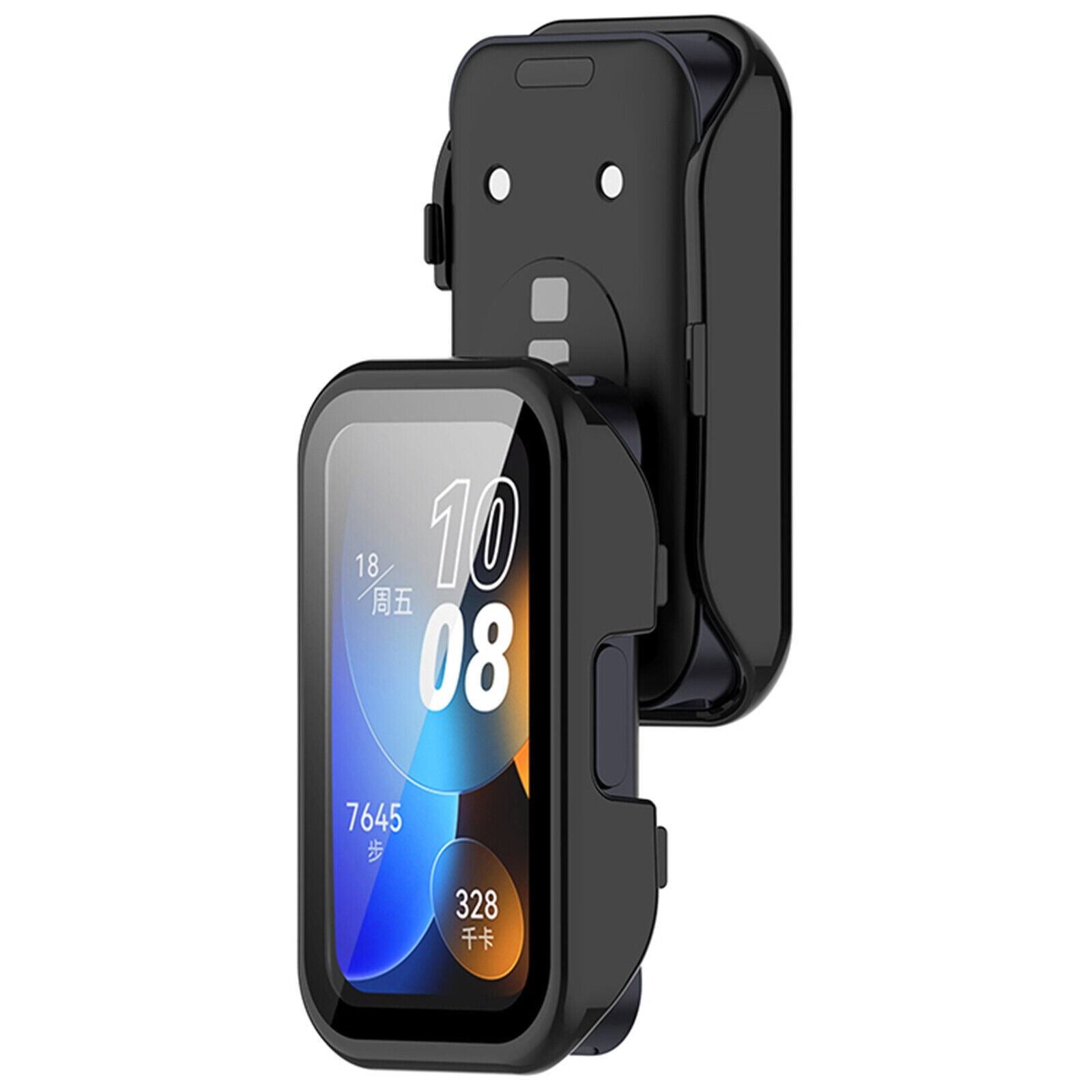 Schwarze Smartwatch in Schutzhülle. Das Display zeigt Zeit und Gesundheitsdaten. Die Hülle hat einen Clip.