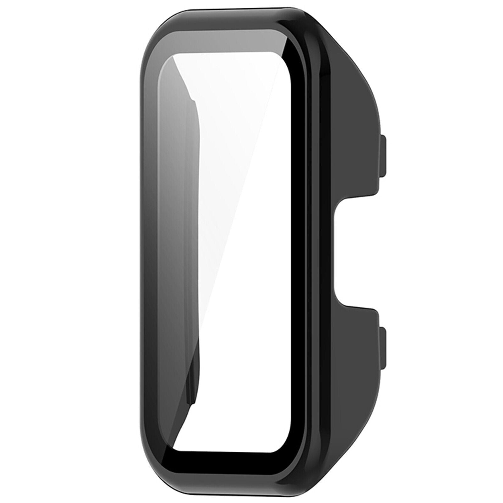 Schwarzes Uhrengehäuse mit transparentem Bildschirm. Es hat eine gebogene Form mit einem Ausschnitt an der Seite. Weißer Hintergrund.