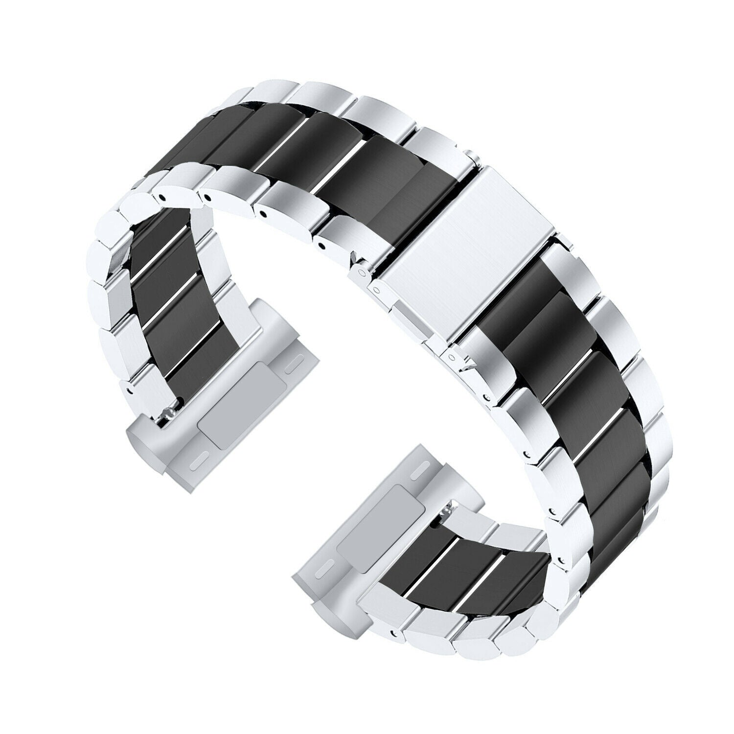 Ein Armband mit abwechselnd schwarzen und silbernen Gliedern. Das Band hat einen Verschluss und ist leicht abgewinkelt.