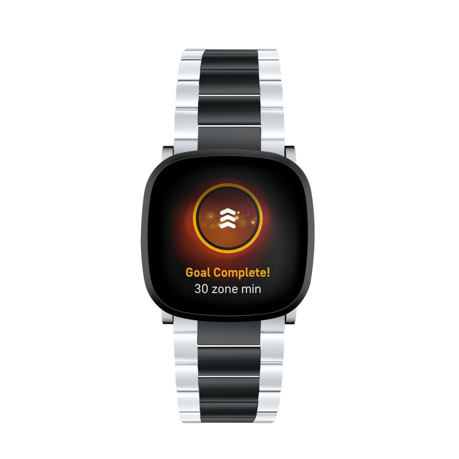 Smartwatch mit schwarzem Bildschirm, der 'Ziel erreicht!' und einen orangefarbenen Kreis anzeigt. Silbernes und schwarzes Metallband. Weißer Hintergrund.