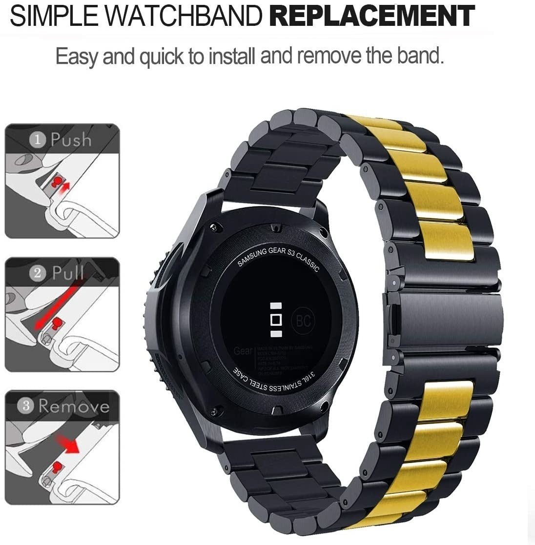 Schwarze Samsung Gear S3 Classic Uhr mit schwarz-goldenen Armband. Anweisungen zeigen, wie man drückt, zieht und das Band entfernt.
